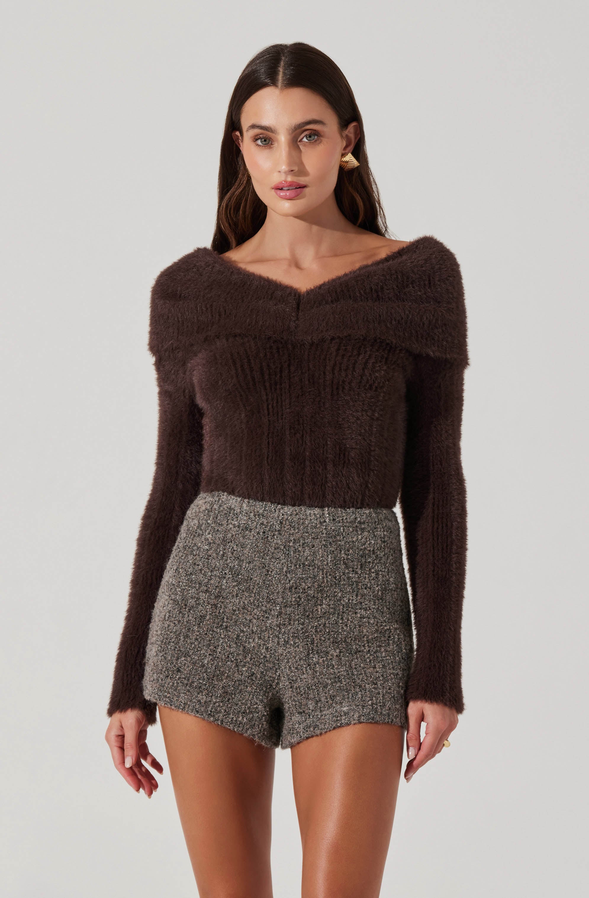 Cozy Fuzzy Knit Off Shoulder Sweater for Women - Soft Winter Pullover Casual Loungewear for Date Night & Coffee Dates