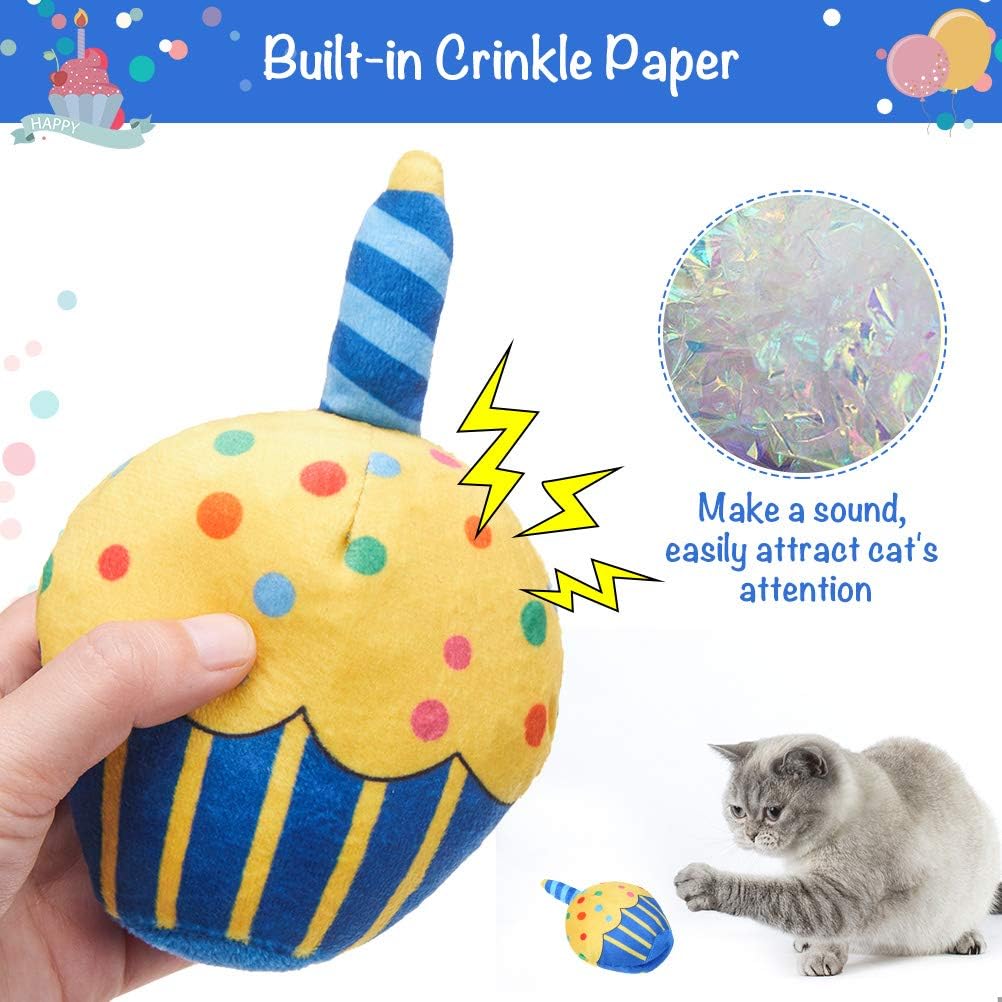 BINGPET Cat Birthday Party Set - Catnip Toys, Birthday Hat, Bandana & Cake Plush for Indoor Cats - Interactive Chew Toys with Crinkle Paper & Catnip (Blue) - Perfect for Birthday Celebrations & Playtime