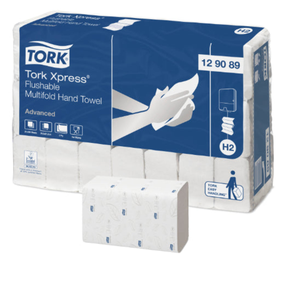 Premium Tork Xpress Multifold Flushable Hand Towels - 2-Ply, 200 Sheets per Pack, White (Case of 21 Packs) | Soft & Absorbent for Bathrooms, Kitchens & Offices