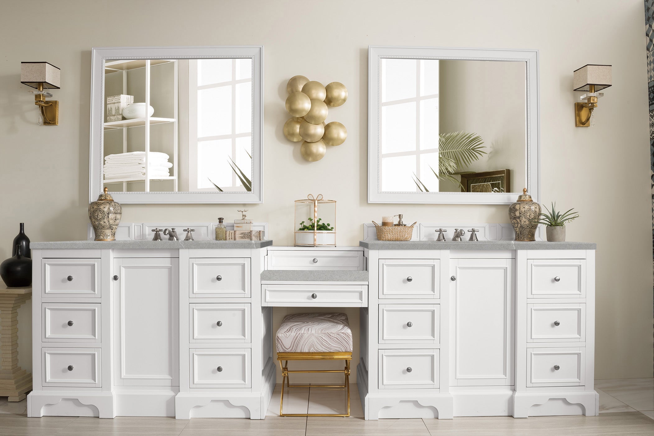 De Soto 118 Double Vanity Set with Makeup Table - Bright White Finish & 3CM Eternal Serena Quartz Top | Perfect for Master Bathroom, Guest Bathroom & Dressing Room Makeup Station