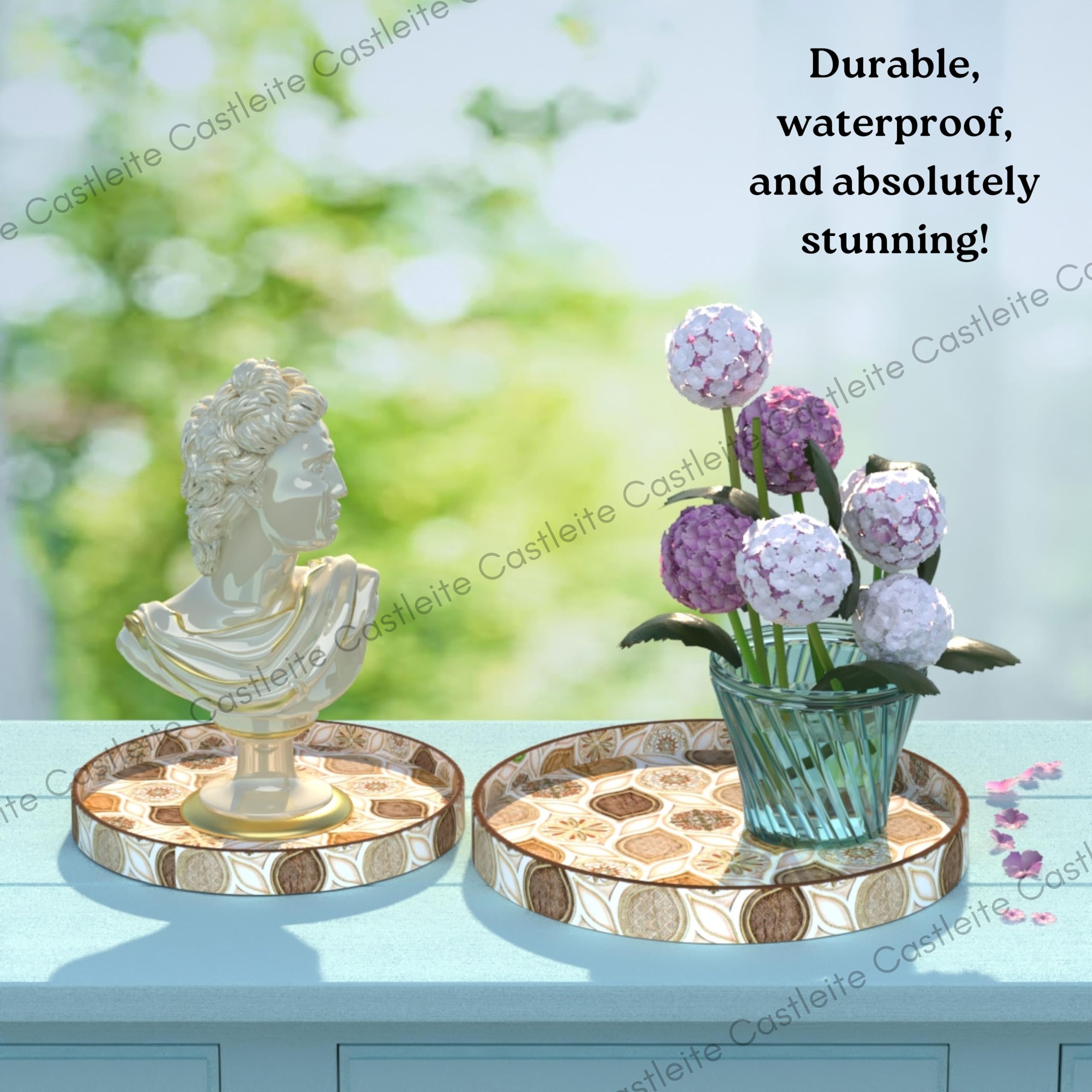 Castleite Ember Decorative Round Wooden Tray Set of 2 - Handcrafted Serving Trays for Kitchen, Dining Table, Coffee Table Decor & Storage - Epoxy Resin Coated Wood Trays (Large & Small, Hanayaka) - Perfect for Entertaining, Displaying Treats or Organizing Essentials
