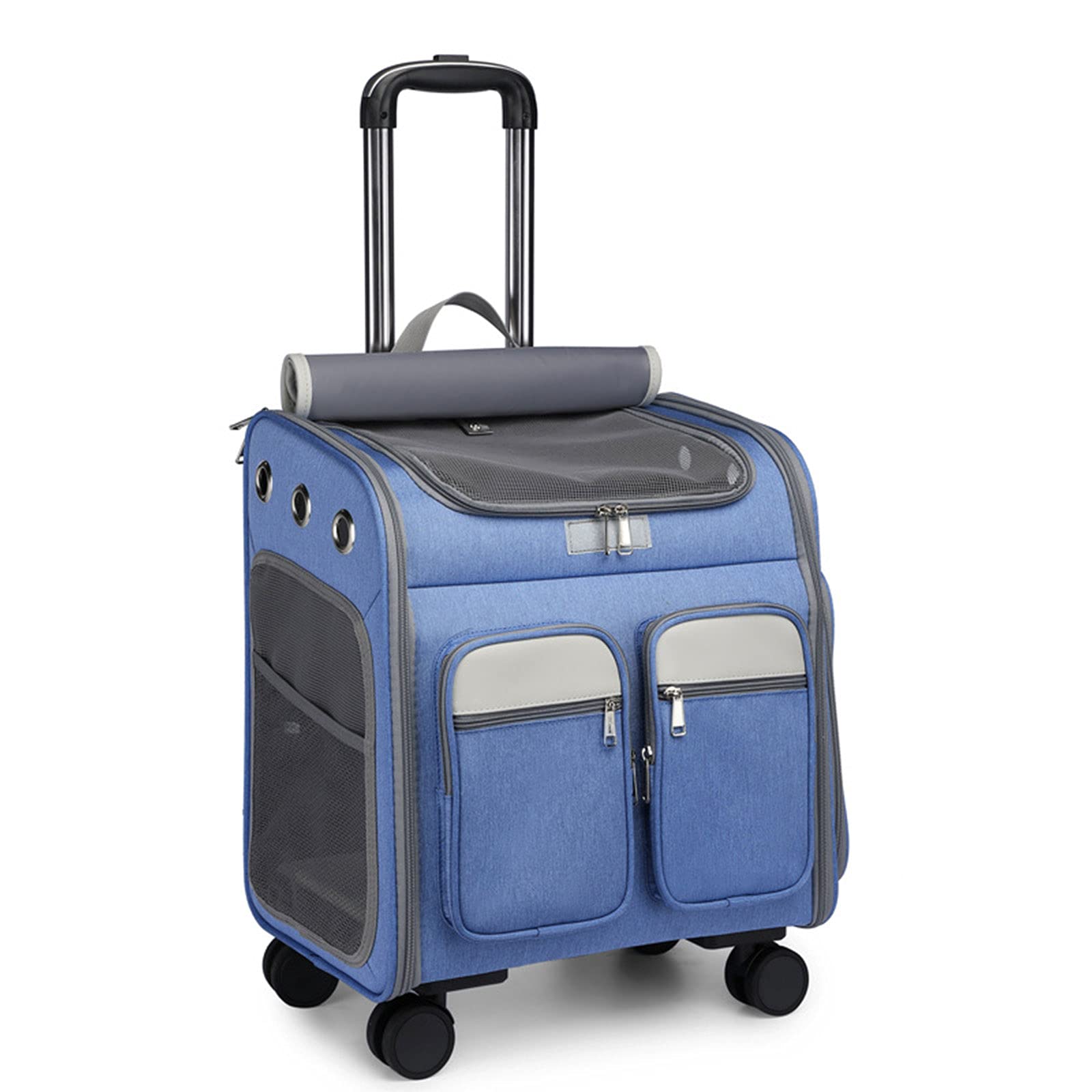 DUTUI Wheeled Pet Carrier Backpack - Travel Stroller & Car Seat for Dogs & Cats with Rolling Wheels & Mesh Ventilation Windows (Blue) - Perfect for Air Travel, Road Trips & Outdoor Adventures