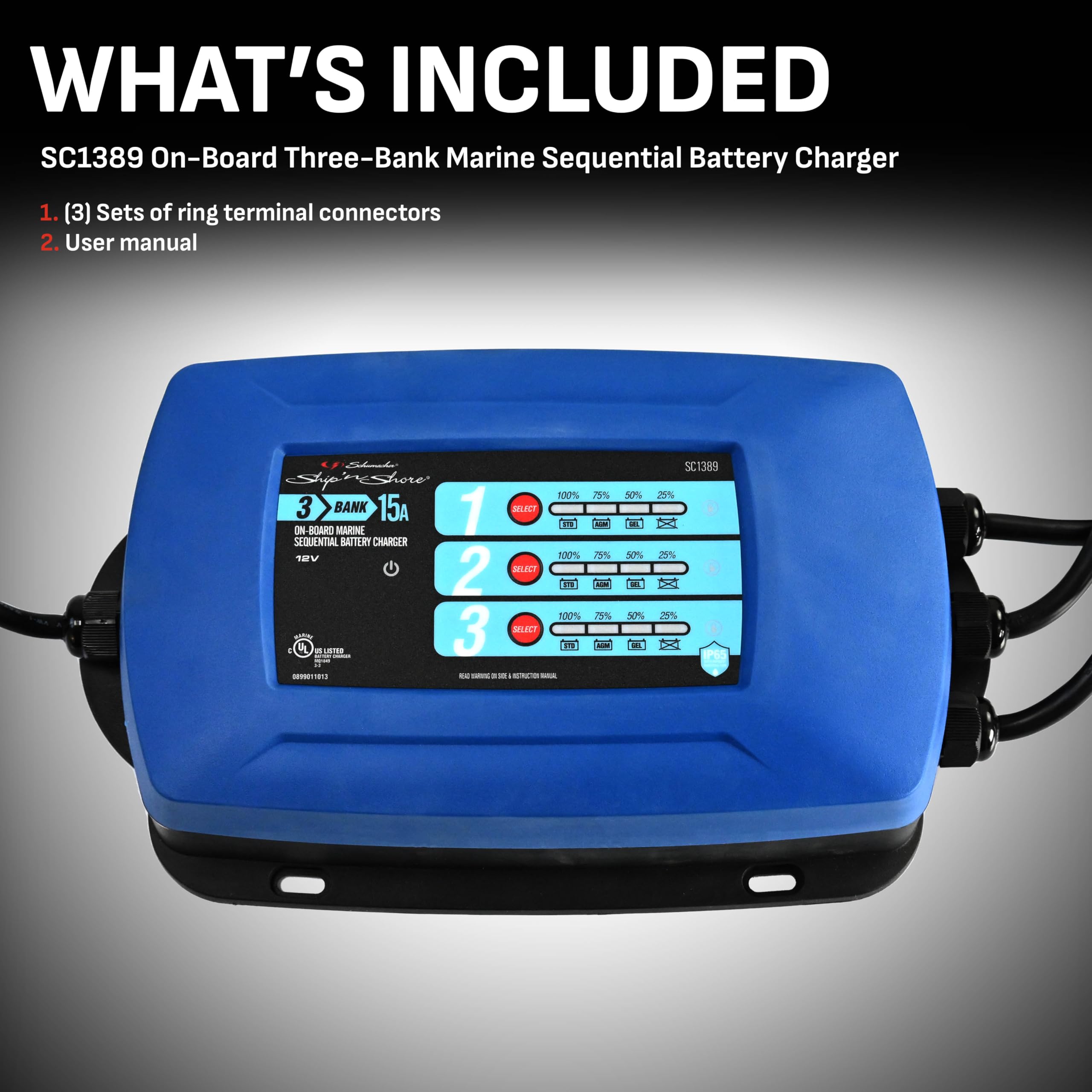 Schumacher SC1389 15 Amp 12V Fully Automatic Battery Charger & Maintainer for Marine, RV, Boat - Direct Mount 3-Battery System - Ideal for Long-Term Storage & Off-Season Maintenance