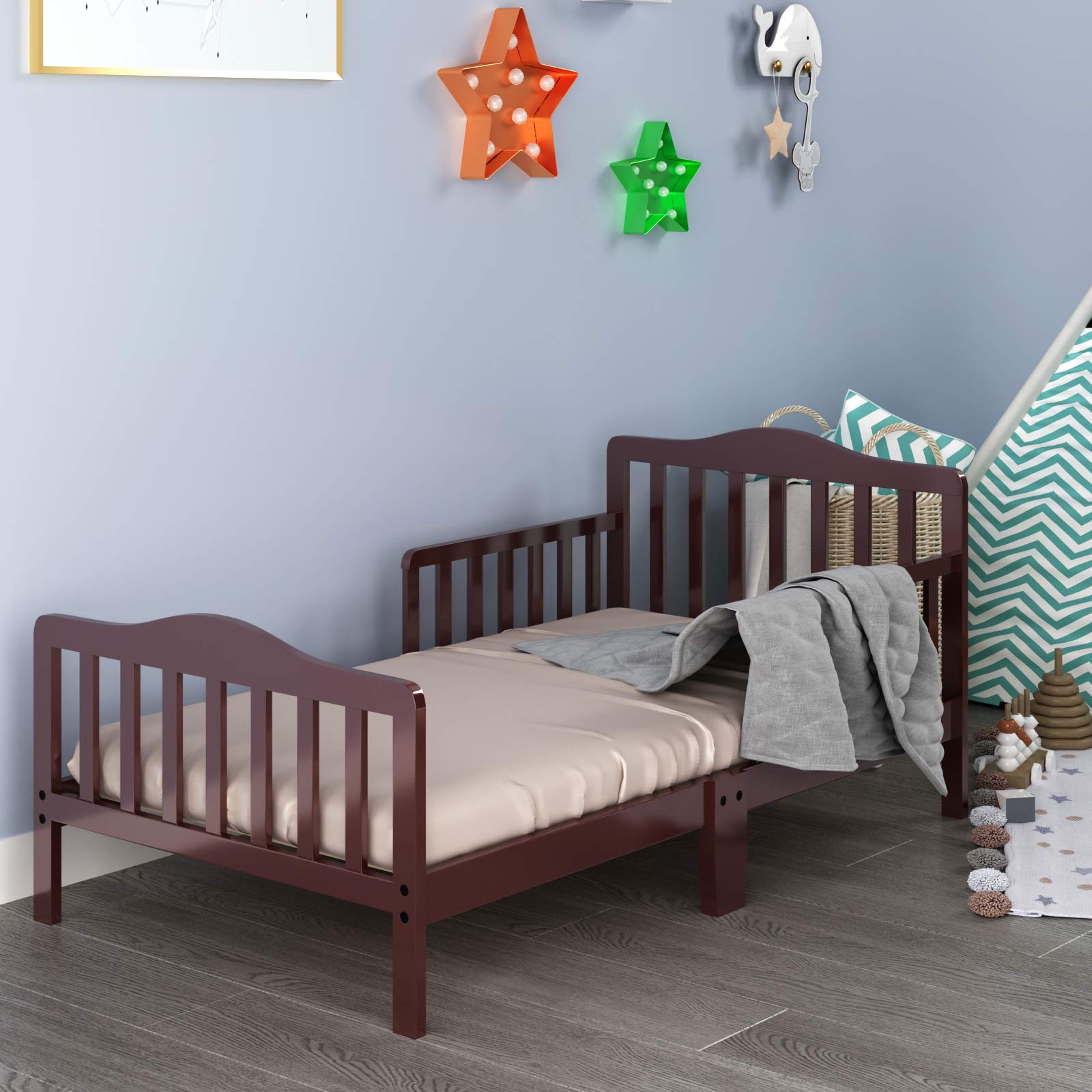 **HONEY JOY Toddler Bed Frame - Solid Rubber Wood with Safety Guardrail, Fits Full Size Crib Mattress (Not Included) - Classic Kids Bedroom Furniture for Boys & Girls (Brown) - Perfect for Nursery, Daycare, or Children's Bedroom**