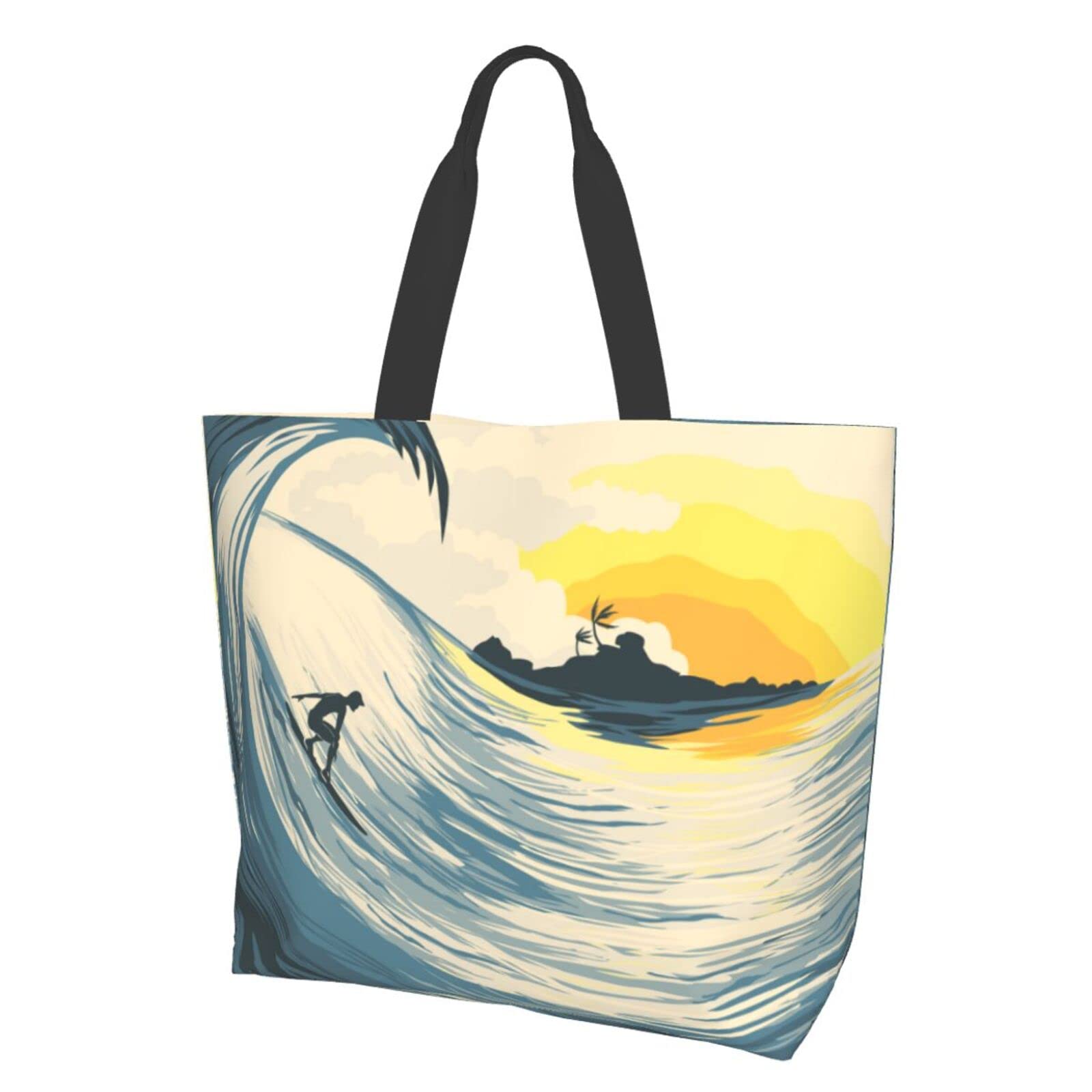 ZUNPNG Retro Sunset Surf Beach Tote Bag - Large Japanese Wave Design Women's Shoulder Bag, Reusable Grocery Shopping Bag for Work, Travel & Beach Day (Perfect for Groceries, Work Commute & Beach Outings)
