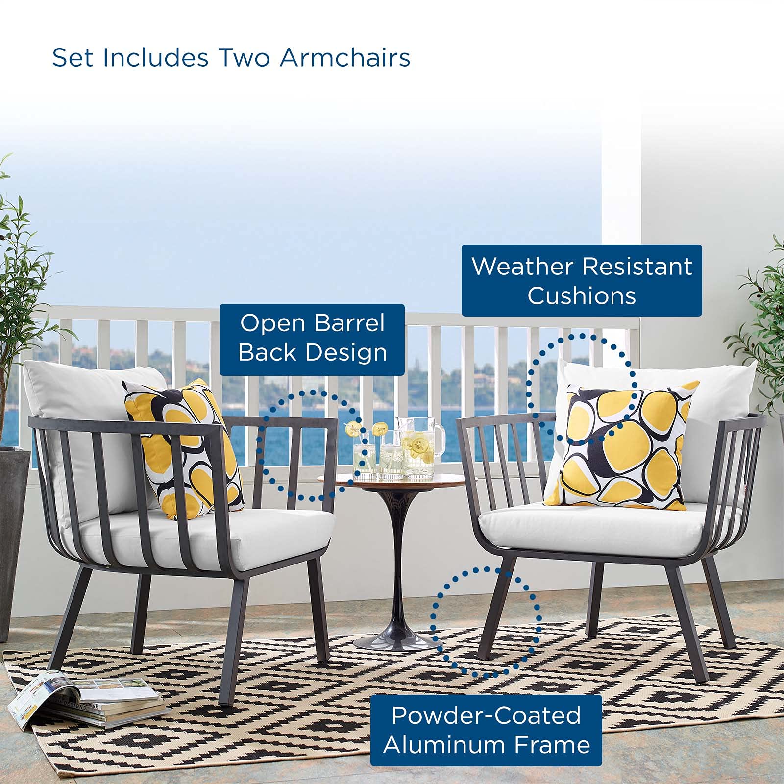 Modern Aluminum Lounge Chair Armchair Set of 2 - Gray & White Metal Outdoor Patio Furniture for Garden, Poolside, Cafe and Bistro Relaxation