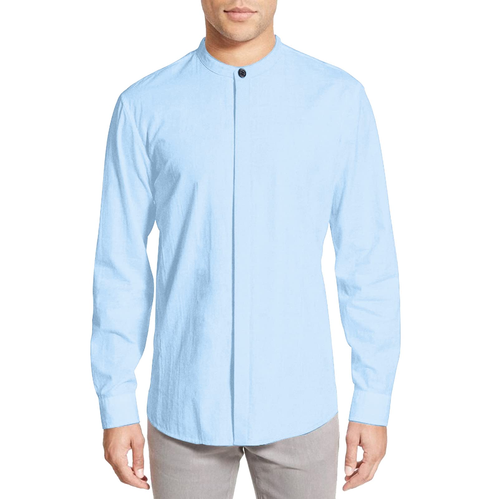 QWENTMTNTY Men's Long Sleeve Dress Shirts - Regular Fit Casual Button Down Shirt with Banded Collar | Summer Work Office & Business Casual Wear