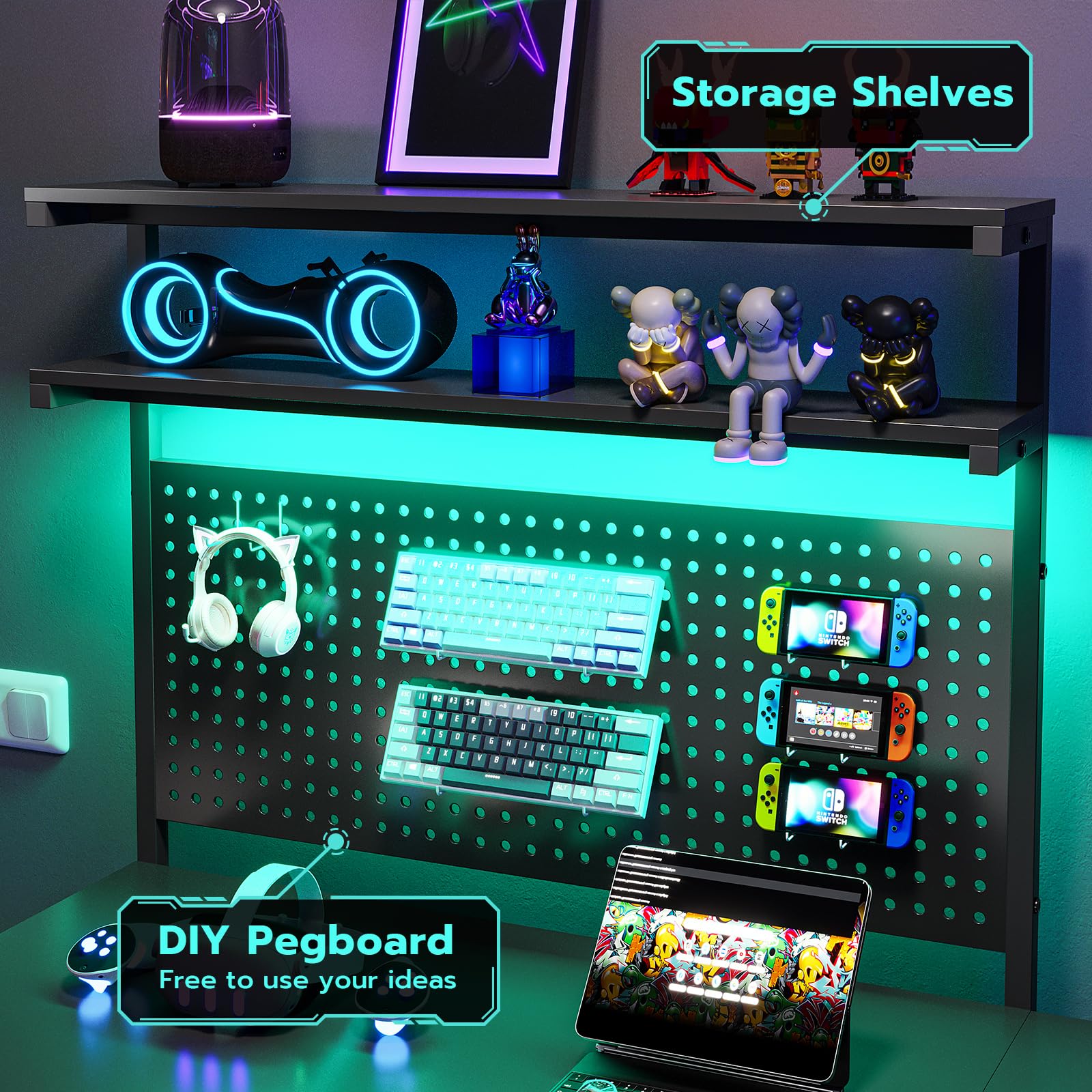 SEDETA L-Shaped Gaming Desk with LED Lights, Pegboard & Drawers - Ergonomic Computer Desk with Monitor Stand, Storage Shelves & Hutch - Black Corner Desk for Home Office, Streaming & PC Gaming Setup