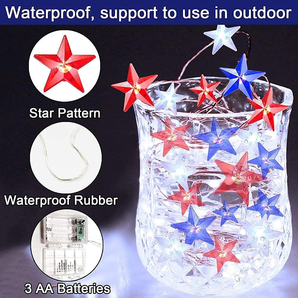 4th of July Patriotic Lights - 10FT 40LED Battery Operated String Lights with Remote Timer for Independence Day, Memorial Day & Christmas Decorations | Perfect for Home, Yard, Party & Outdoor Celebrations