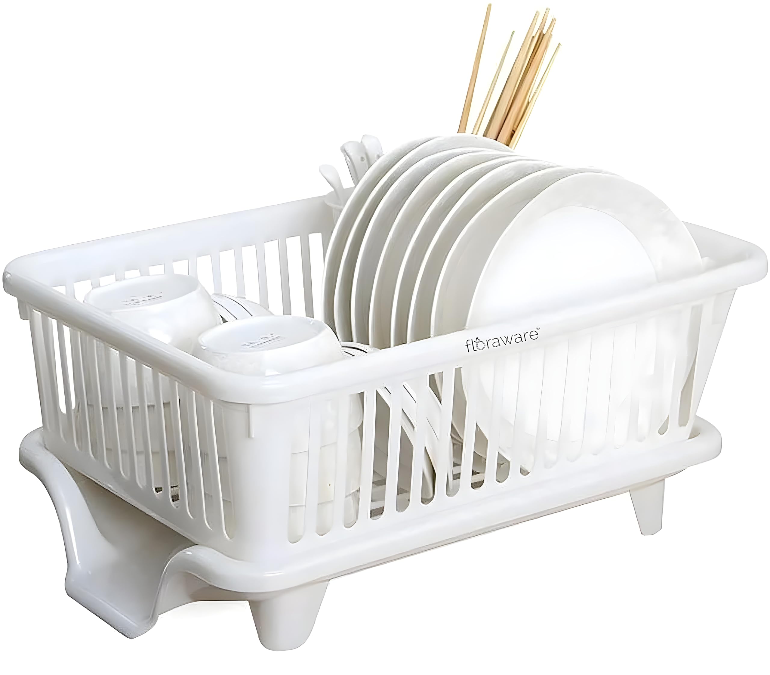 Floraware 3-in-1 Large Glossy Plastic Utensil Basket - Durable, Lightweight & Unbreakable Modular Design with Spoon Holder & Removable Dish Drainer - Kitchen Organizer & Drying Rack (White) - Perfect for Small Kitchens, RVs & Apartment Dish Organization