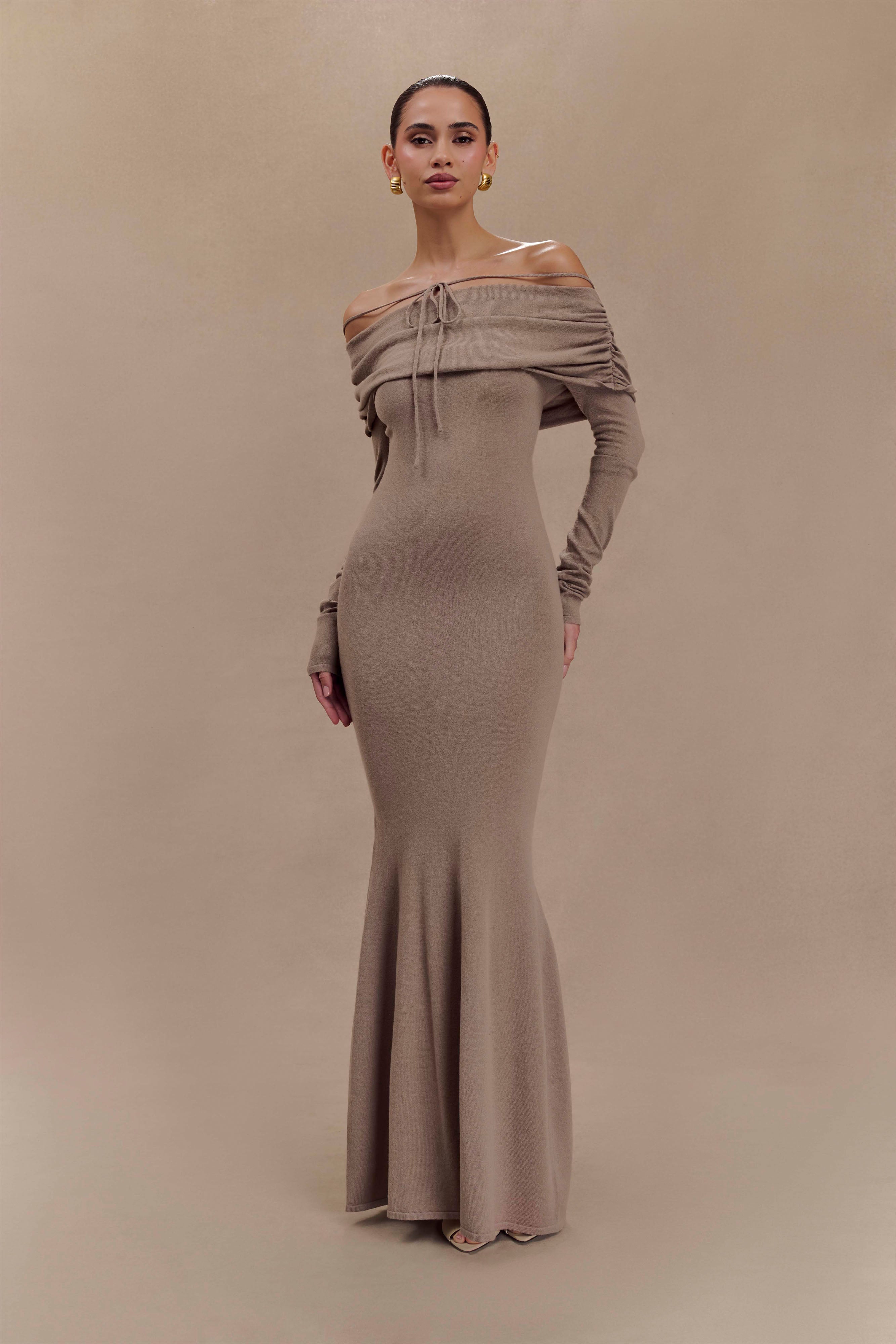 Georgiana Off Shoulder Knit Midi Dress for Women - Elegant Stone Marle Color - Perfect for Date Night, Cocktail Parties & Summer Weddings