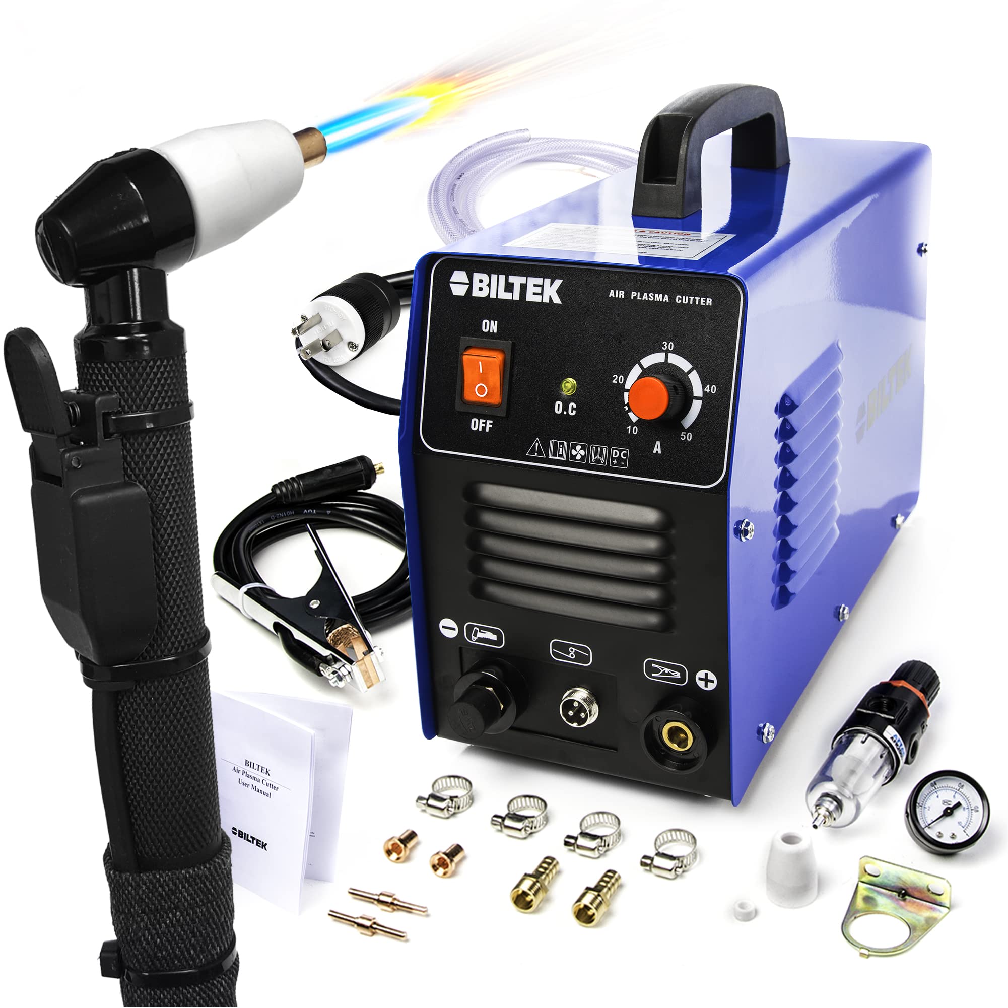 Biltek 50A IGBT Plasma Cutter Kit - Dual Voltage 110V/220V Metal Cutting Torch for Steel, Copper, Aluminum, Brass - 1/2 Inch Cut Capacity, Portable Metal Fabrication Tool - Perfect for DIY Projects, Auto Repair, and Industrial Metalworking