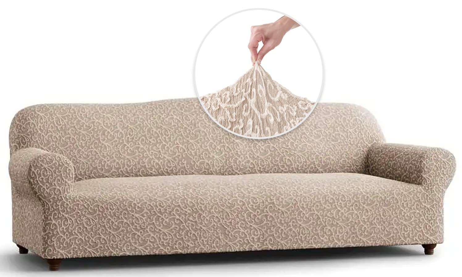 PAULATO BY GA.I.CO. Stretch Sofa Slipcover - Washable Jacquard 3D Couch Cover - Soft Fabric 1-Piece Form Fit Protector for Pets - Beige Arabesco Design | Perfect for Living Room, Family Room & Pet-Friendly Homes