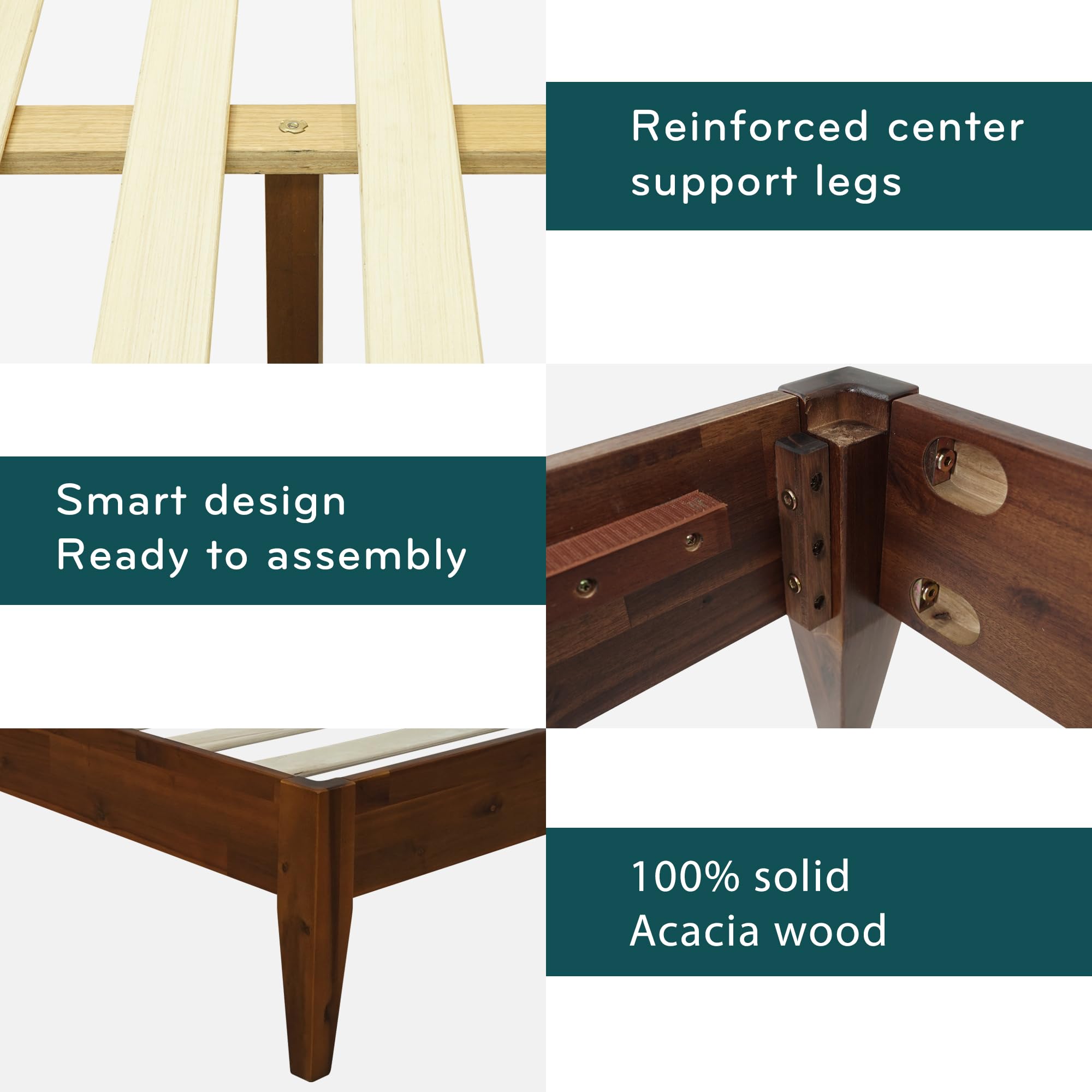 Acacia Mervyn Queen Bed Frame - Solid Wood Platform Bed with 800 lbs Capacity | Mid Century Modern Design | Compatible with All Mattress Types | Easy 30-Minute Assembly | Chocolate Finish | Perfect for Master Bedrooms, Guest Rooms & Modern Apartments