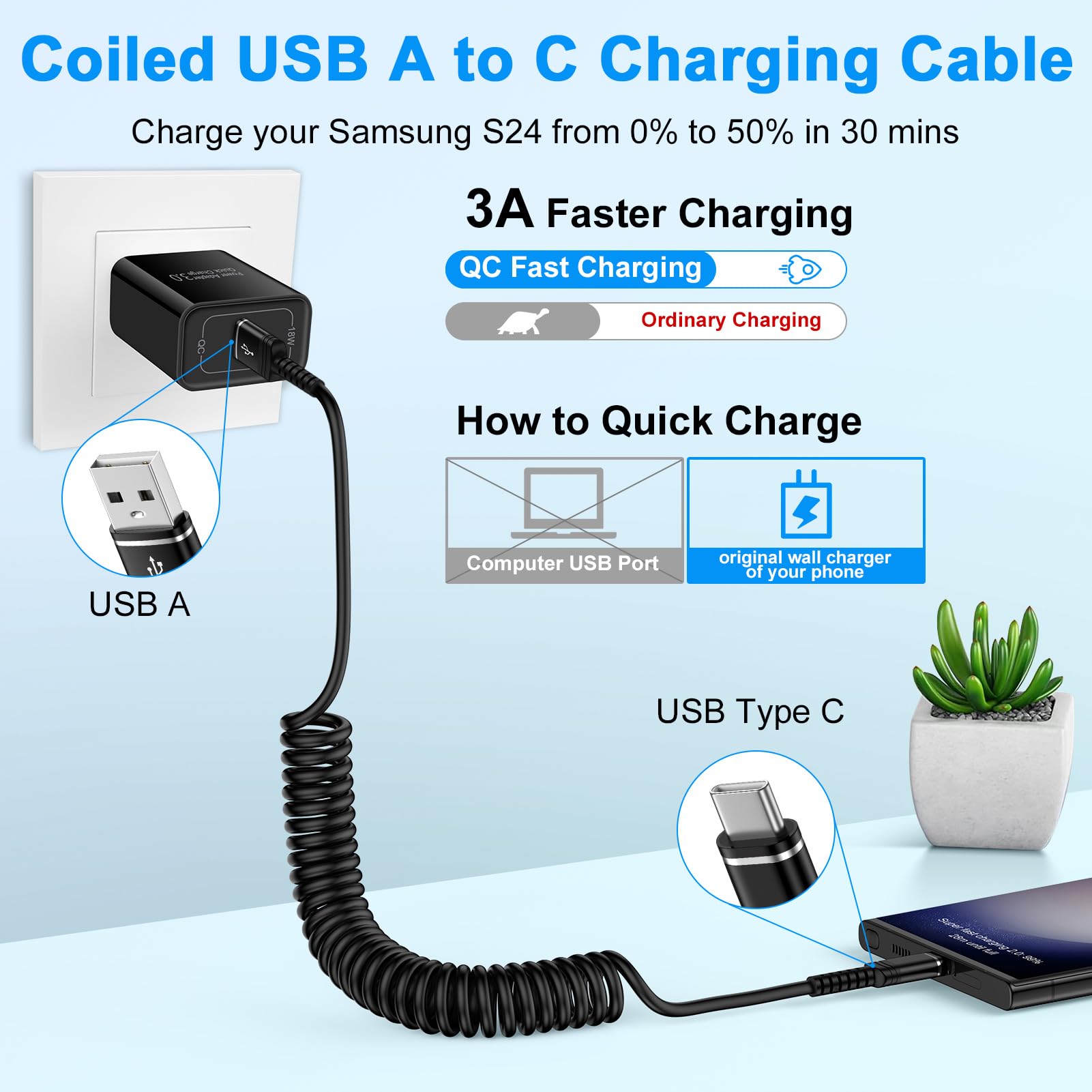 3ft Retractable USB C to USB A Fast Charging Cable - Coiled Car Charger for iPhone 16 Pro Max/16 Plus/16 Pro/16 & 15 Series, Samsung Galaxy S24/A15/A35 - Android Auto & CarPlay Compatible (Perfect for Road Trips & Daily Commute)