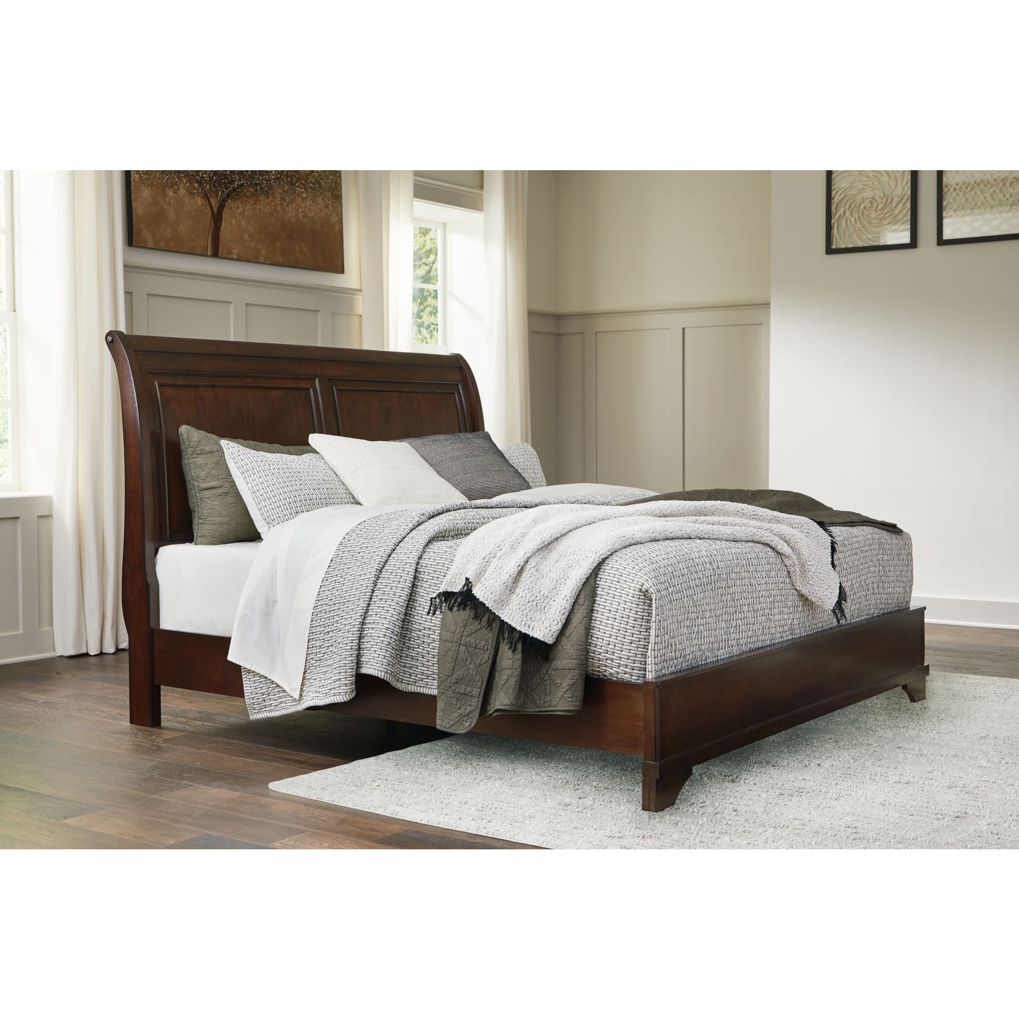 Brookbauer King Sleigh Bed Frame - Rustic Brown Solid Wood Bedroom Furniture for Master Bedroom & Guest Room