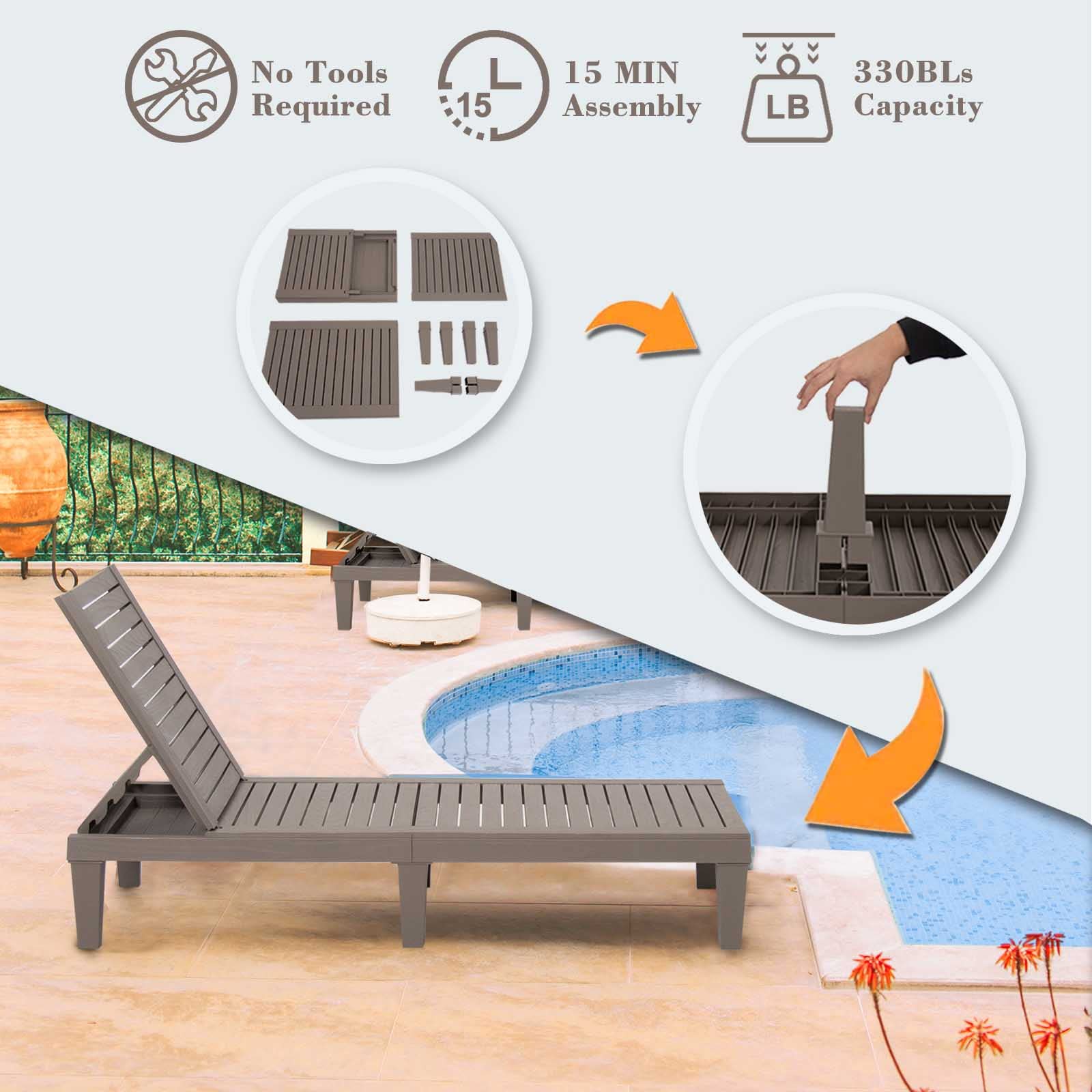 Waterproof Outdoor Chaise Lounge Chair - Grey Patio Pool Sunbed for Relaxing by the Poolside or Backyard Lounging
