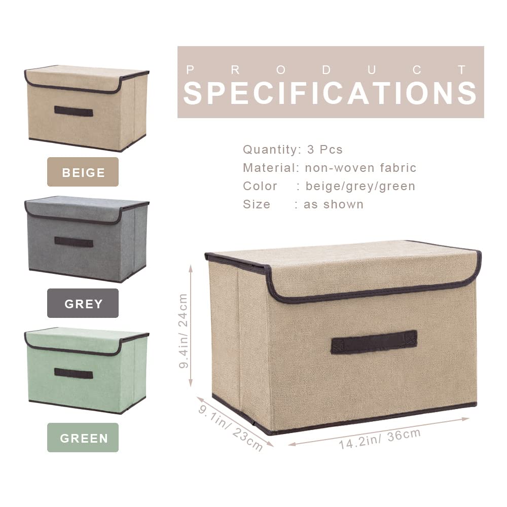 3-Pack Foldable Fabric Storage Bins with Lids - Collapsible Storage Cubes & Boxes for Home Organization (Beige, Green, Grey) | Perfect for Closet, Shelves, Nursery & Office Storage