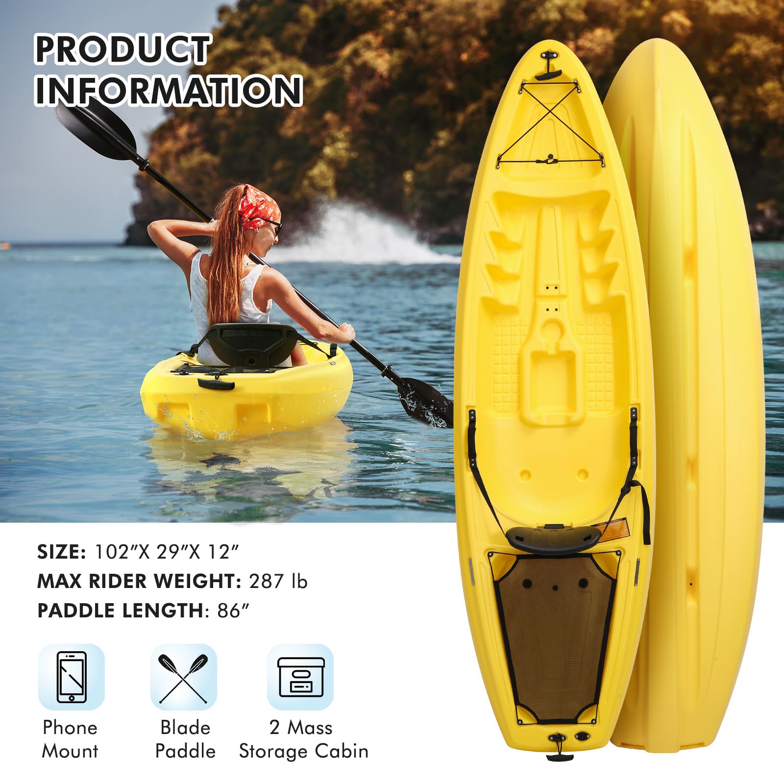 8.8 ft Whitewater Sit-In Kayak for Adults - One Person Recreational Kayaking for Rivers & Lakes | Perfect for Outdoor Adventures & Water Sports