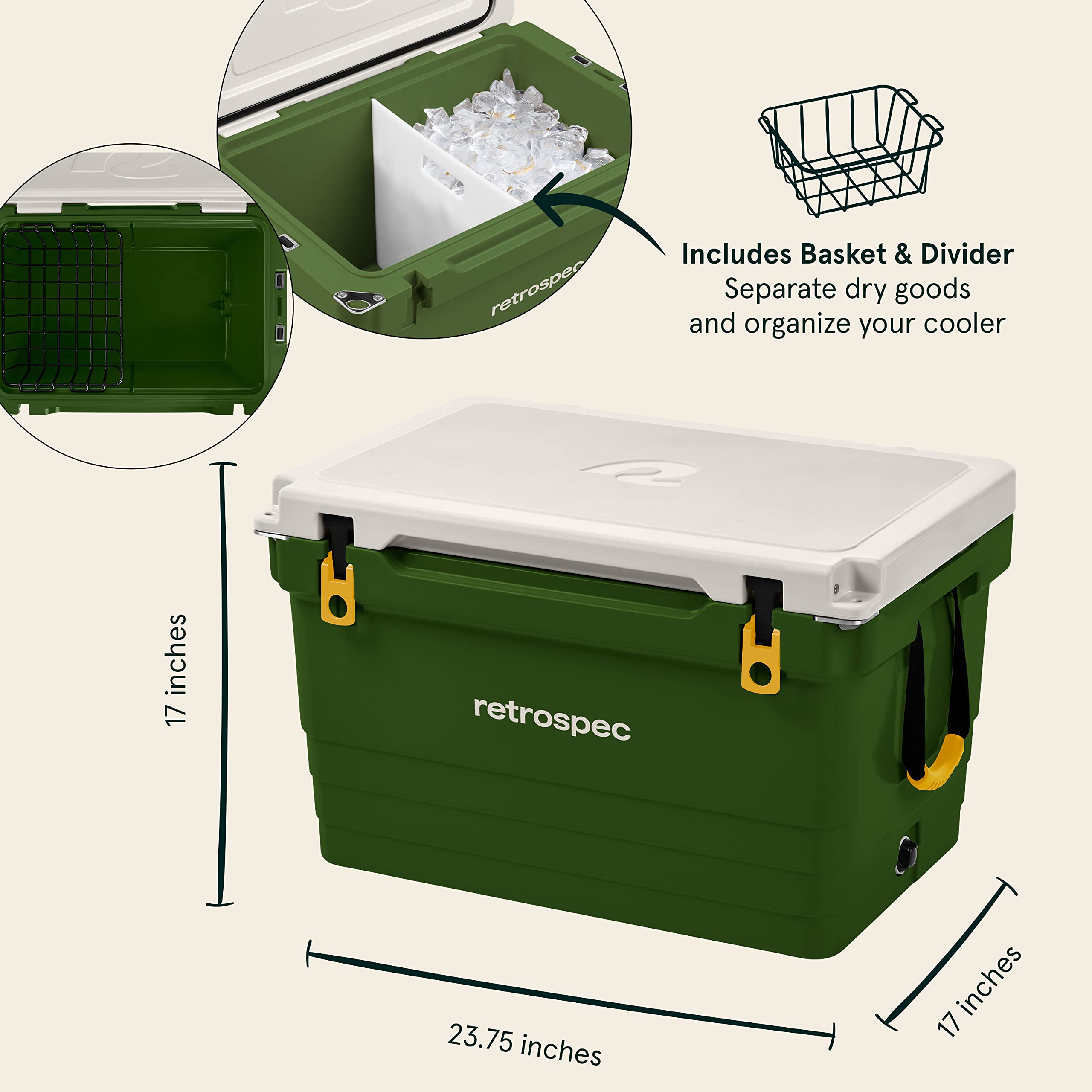 Retrospec Palisade Rotomolded Cooler - Heavy Duty Insulated Ice Chest with Built-in Bottle Opener, Tie-Down Slots & Dry Storage Basket - 25QT, 45QT, 65QT Sizes for Beach, Camping, Picnic, Tailgating & Outdoor Adventures