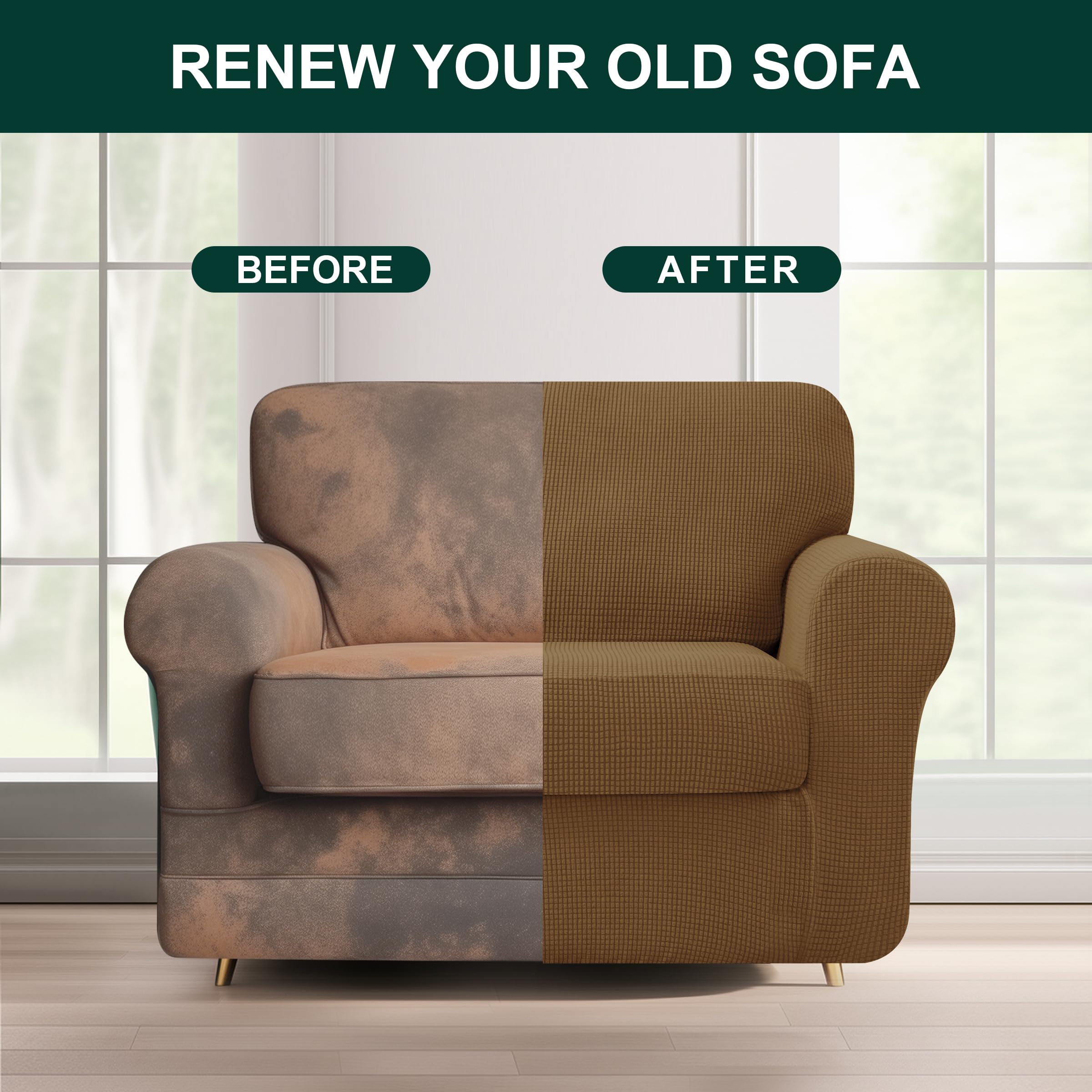Stretch Armchair Cover 3-Piece Set - Elastic Sofa Slipcover for 1 Seater with Separate Backrest & Cushion | Jacquard Spandex Fabric (Small, Coffee Brown) | Perfect for Living Room, Office, or Dorm Furniture Protection