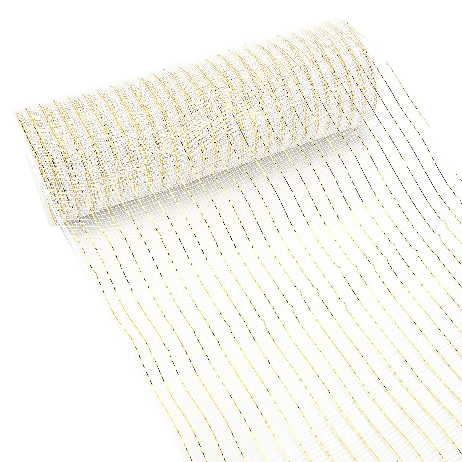 MEEDEE White and Gold Metallic Mesh Ribbon - 10 Inch Wide, 30 Feet Long - Decorative Mesh Roll for Wreath Making, Basket Decorations, DIY Crafts, and Holiday Home Decor