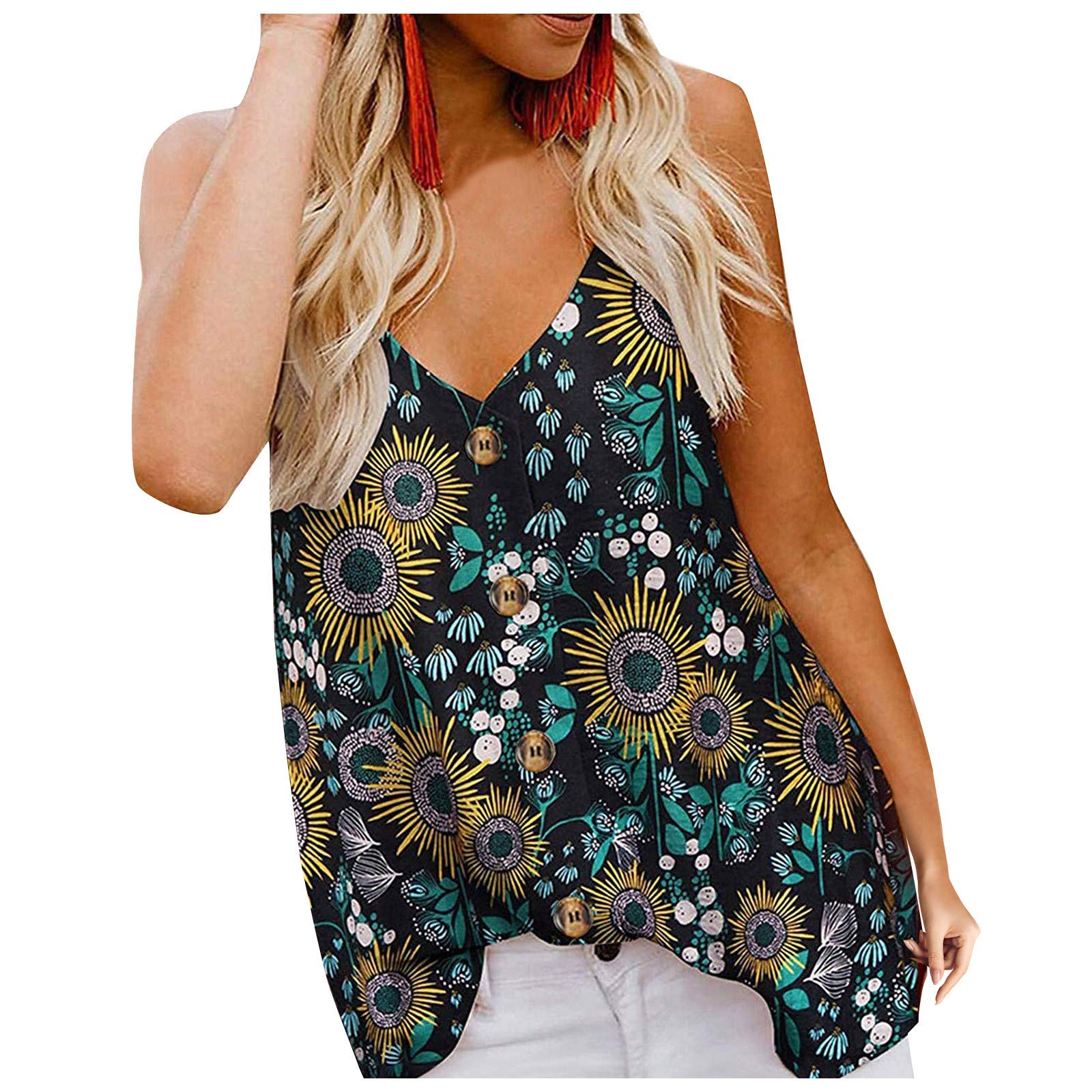 FMCHICO Women's Button Down V Neck Strappy Tank Top - Loose Casual Sleeveless Blouse for Summer | Perfect for Beach, Vacation & Everyday Wear