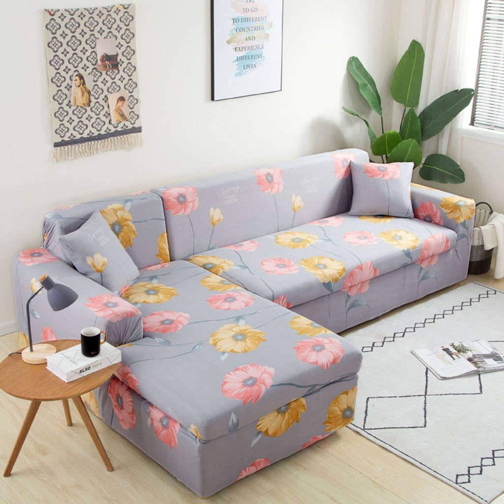Stretchable L-Shaped Sectional Sofa Cover with Pillowcases - Polyester Fabric Slipcover for 4+4 Seater Couch - Perfect for Living Room, Family Room & Home Decor