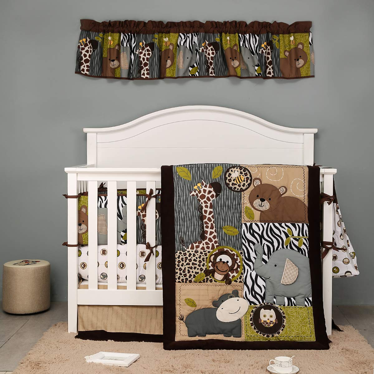 JAHbaby 9-Piece Brown Embroidery Forest Animal Nursery Crib Bedding Set for Baby Boys - Safari Theme Cot Bedding with Gray & White Accents (28
