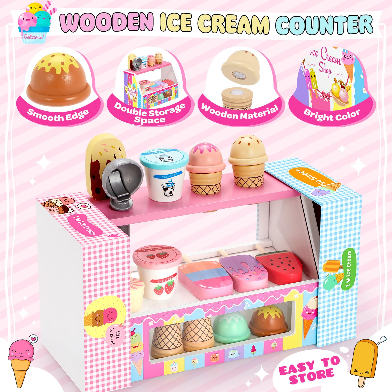 INNOCHEER Wooden Ice Cream Play Set - Pretend Play Kitchen Toys for Toddlers, Ice Cream Shop Playset with Scoop & Toppings - Educational Toys for 3 4 5 6 7 8 Year Old Boys Girls - Perfect for Birthday Gifts & Role Play Learning