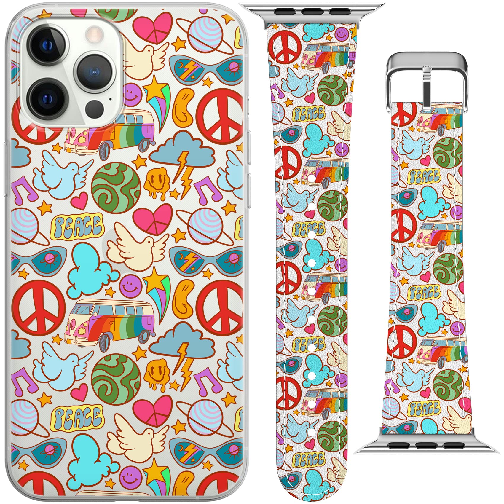 Retro Flower Print PU Leather Wristband for Apple Watch Series 7/6/5/4/3/2/1/SE (38-40-42-44mm) with Matching Phone Case - 60s Hippie Style Replacement Strap for Workouts, Yoga & Casual Wear