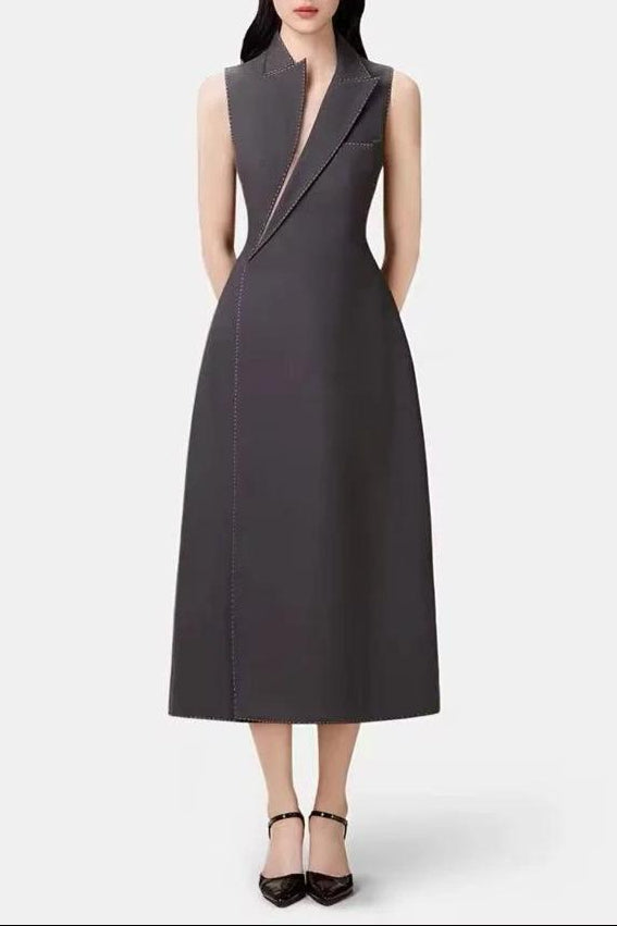 Elegant Asymmetrical Collar Blazer Midi Dress in Grey - Perfect for Office Wear, Cocktail Parties & Special Occasions