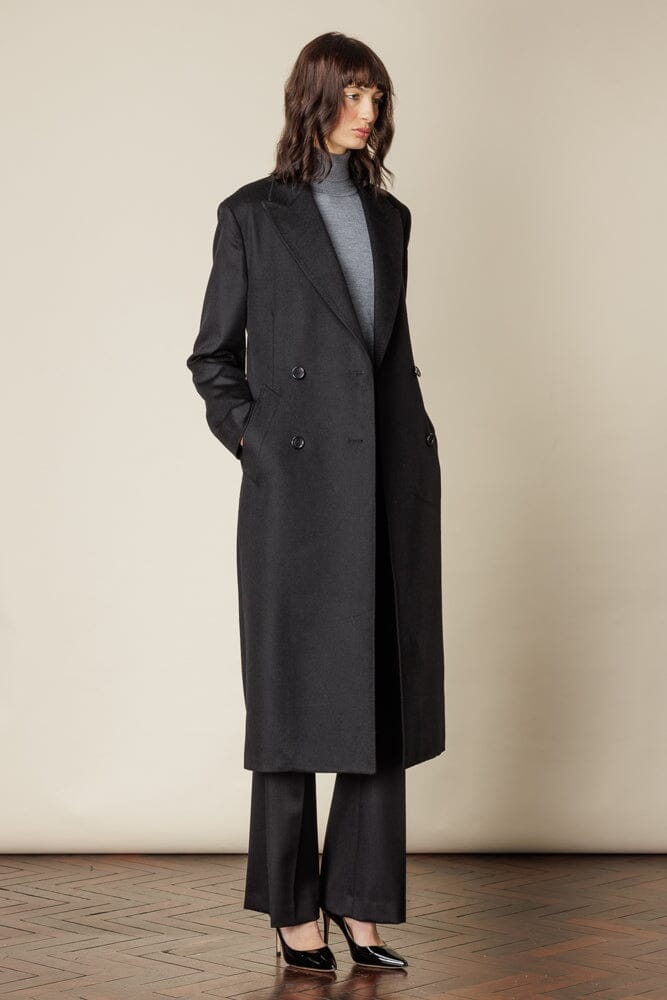 Stylish Black Wool Double Breasted Long Coat with 4 Buttons & Broad Peak Lapels - Perfect for Winter Fashion & Formal Occasions