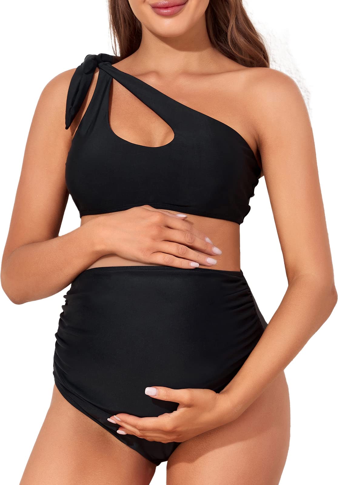 Summer Mae Maternity Two-Piece Swimsuit Bikini Set - Cutout One Shoulder Pregnancy Swimwear with Tie Side | Perfect for Beach Vacations, Pool Parties & Maternity Photos
