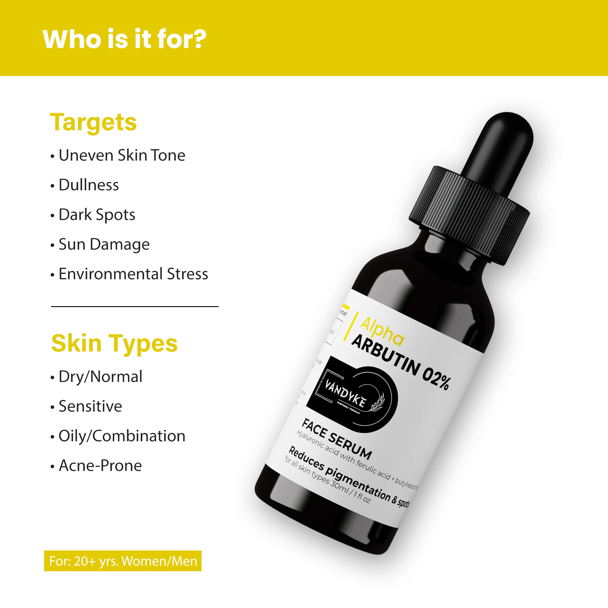 Vandyke 2% Alpha Arbutin Brightening Serum for Dark Spots, Hyperpigmentation & Acne Scars - 30ml | Skin Lightening Treatment for Face | Perfect for Daily Skincare Routine & Nighttime Use