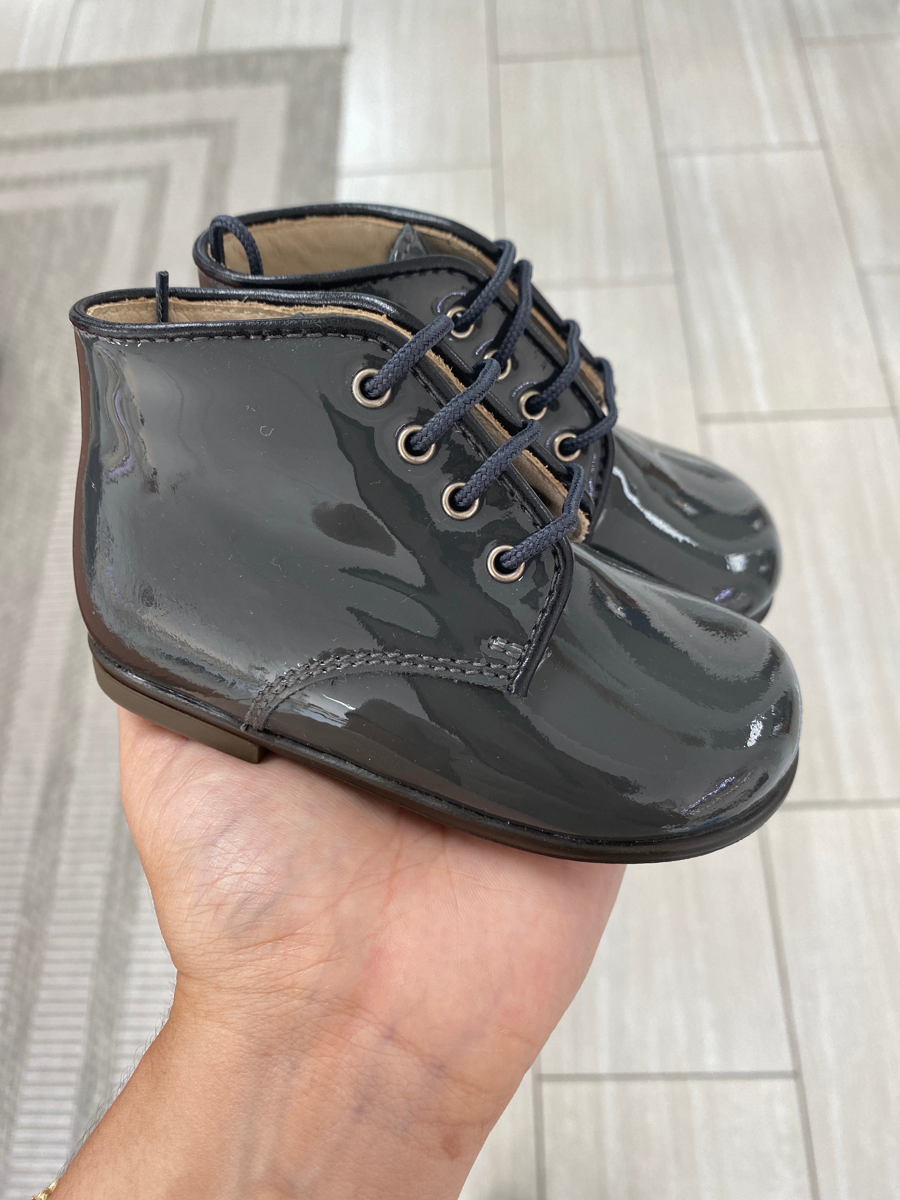 Beberlis Smoke Patent Leather Baby Booties - Soft & Stylish First Walkers for Newborns & Infants - Perfect for Special Occasions, Photo Shoots & Everyday Wear