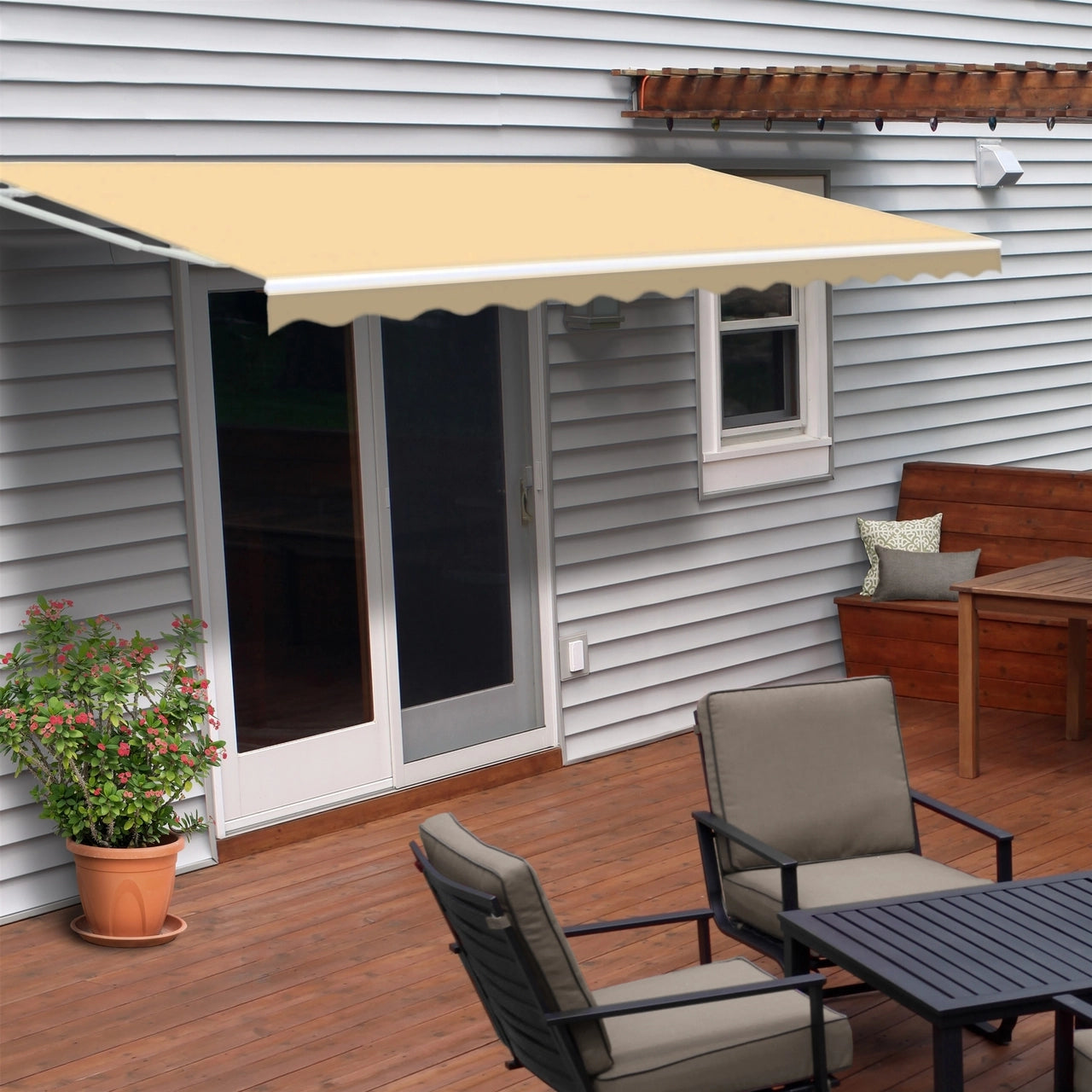 Aleko 16x10 Feet Motorized Retractable Patio Awning with White Frame in Ivory - Perfect for Outdoor Shade, Backyard Relaxation, and Deck Protection