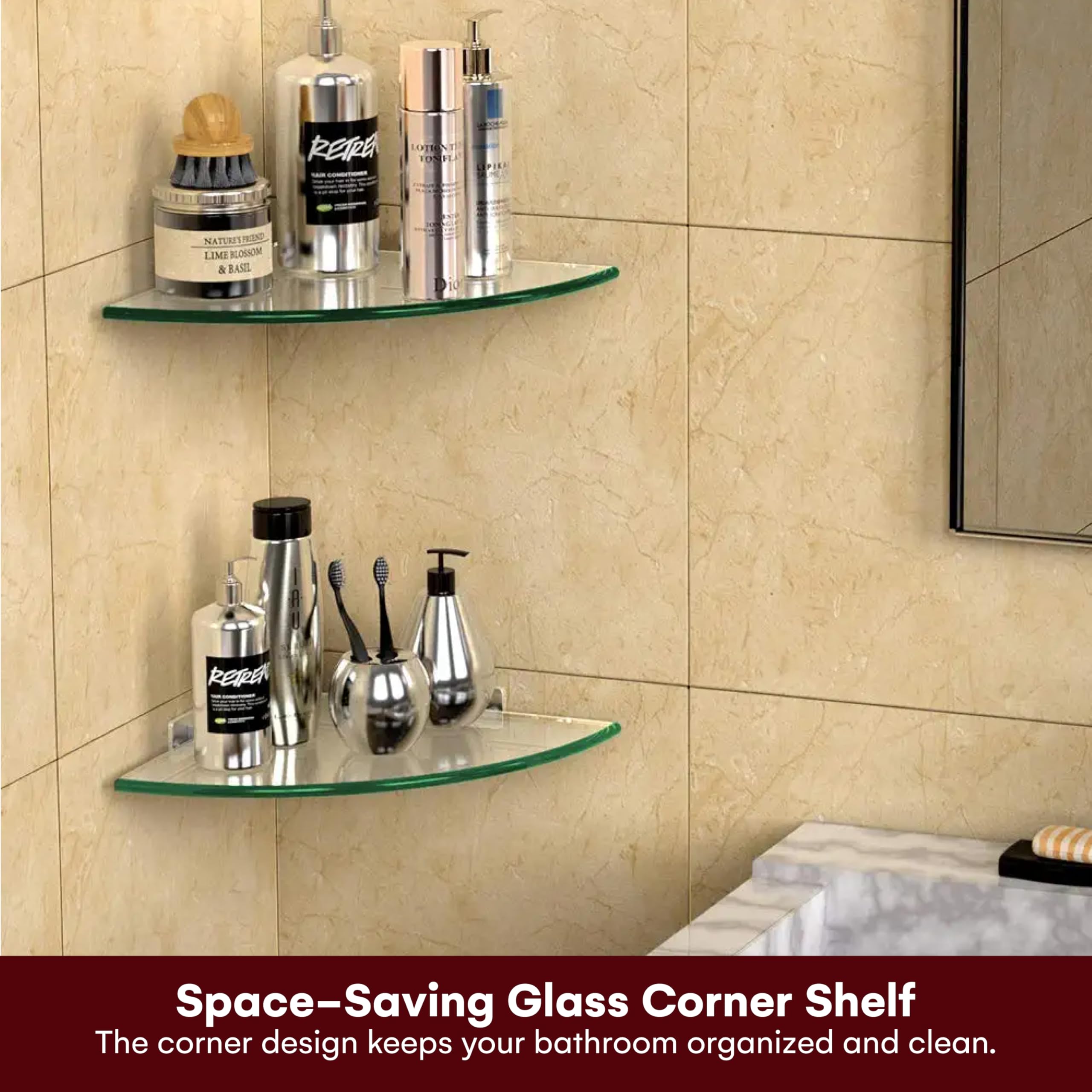 GeekDigg 2-Pack Adhesive Shower Caddy - No Drill Glass Shelf Shower Organizer with Aluminum Brackets for Bathroom, Shower & Spa - Perfect for Storing Shampoo, Soap & Bath Essentials