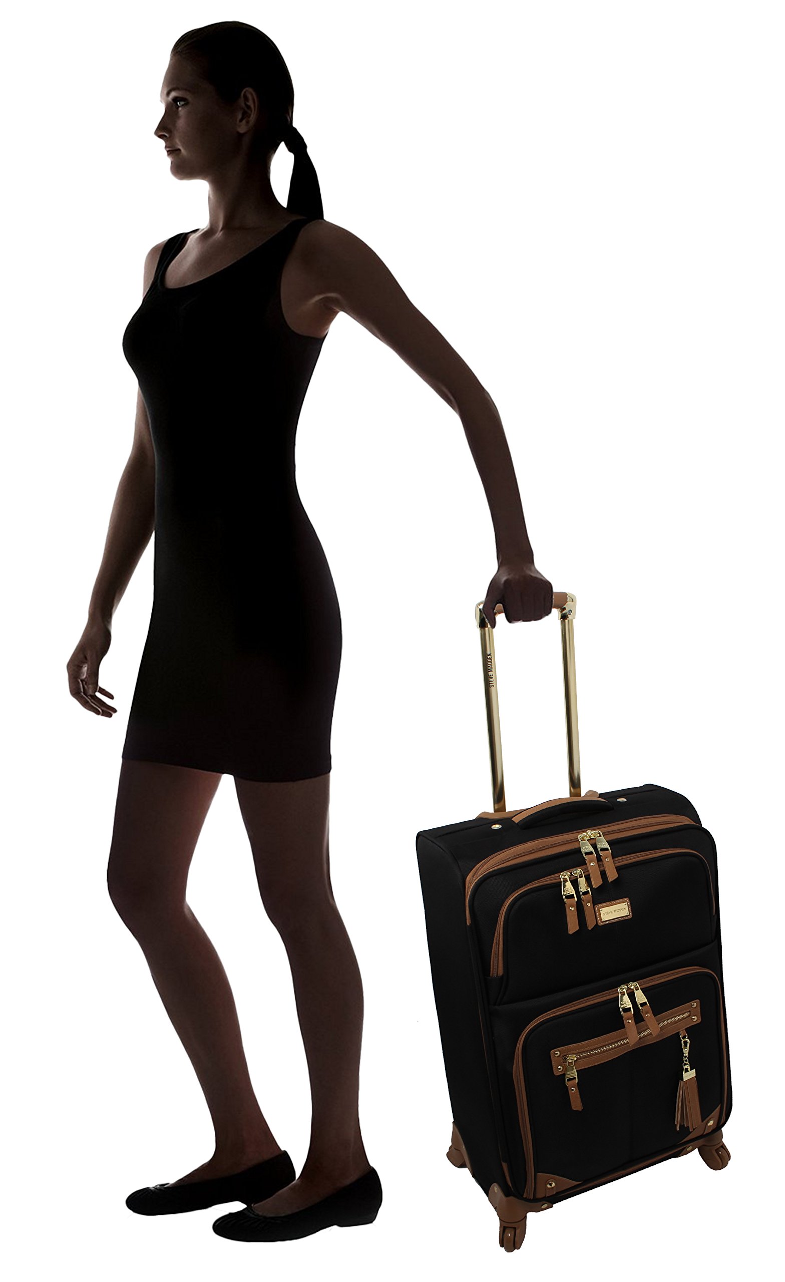 Steve Madden Designer 24 Inch Expandable Softside Spinner Luggage - Lightweight Checked Suitcase with 4-Wheel Rolling System (Harlo Black) - Perfect for Business Travel, Vacation & Airplane Trips
