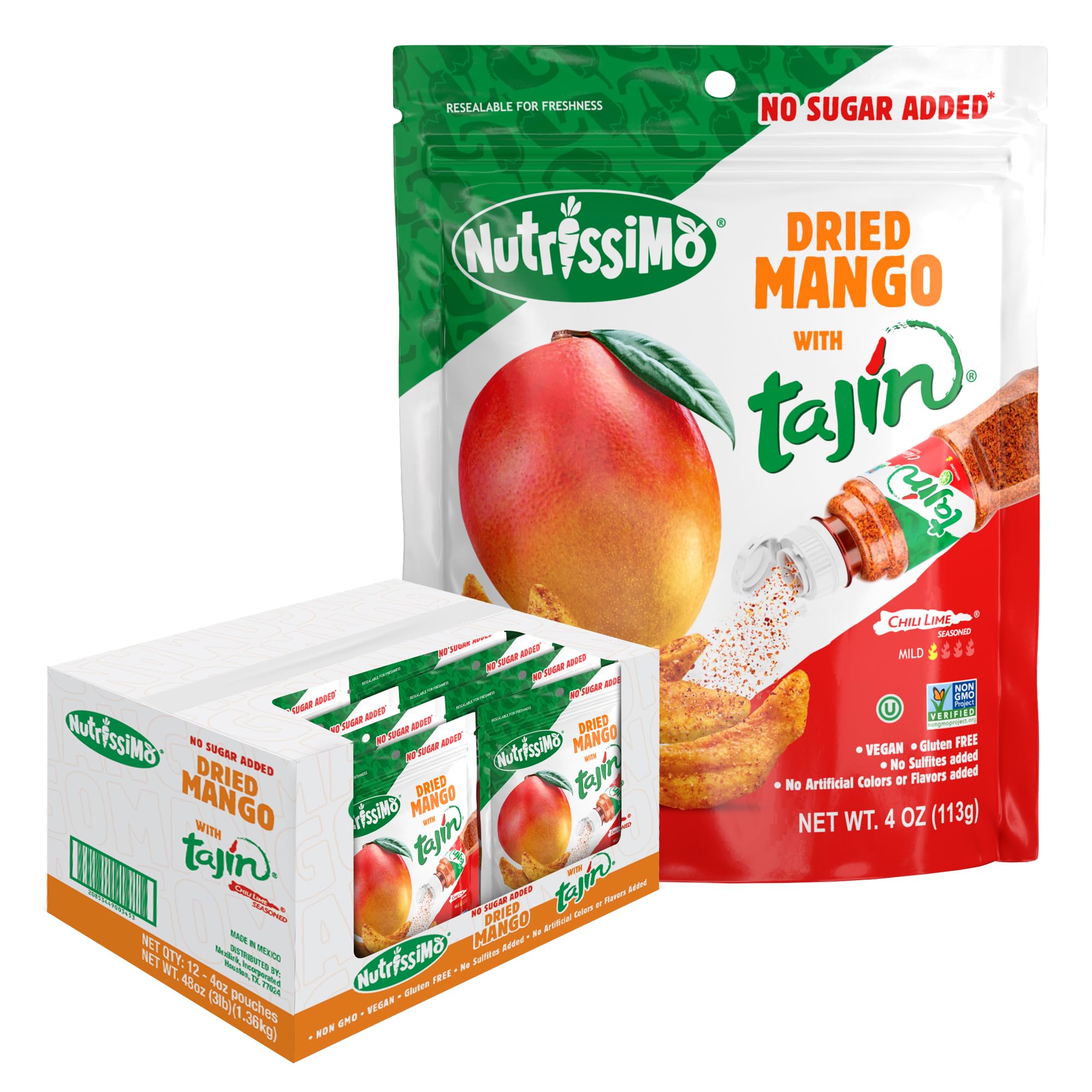 Nutrissimo Dried Mango with Tajin Seasoning - No Sugar Added, Gluten-Free, Vegan Fruit Snacks - 4oz (12 Pack) | Healthy On-the-Go Snack for Work, School & Travel