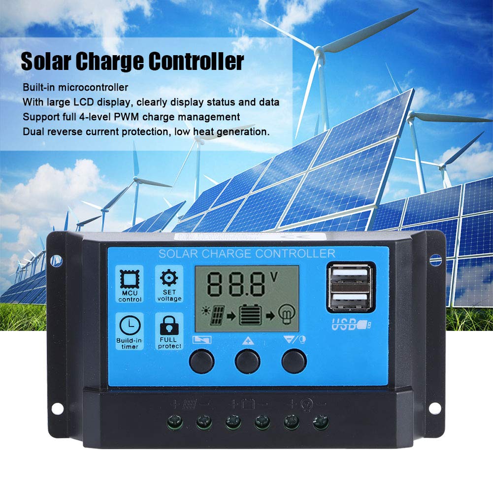 Uxsiya Solar Charge Controller with Dual USB Output - 12V/24V Solar Panel Regulator for Outdoor Travel, Home & RV Use - Perfect for Camping, Hiking & Off-Grid Power Supply
