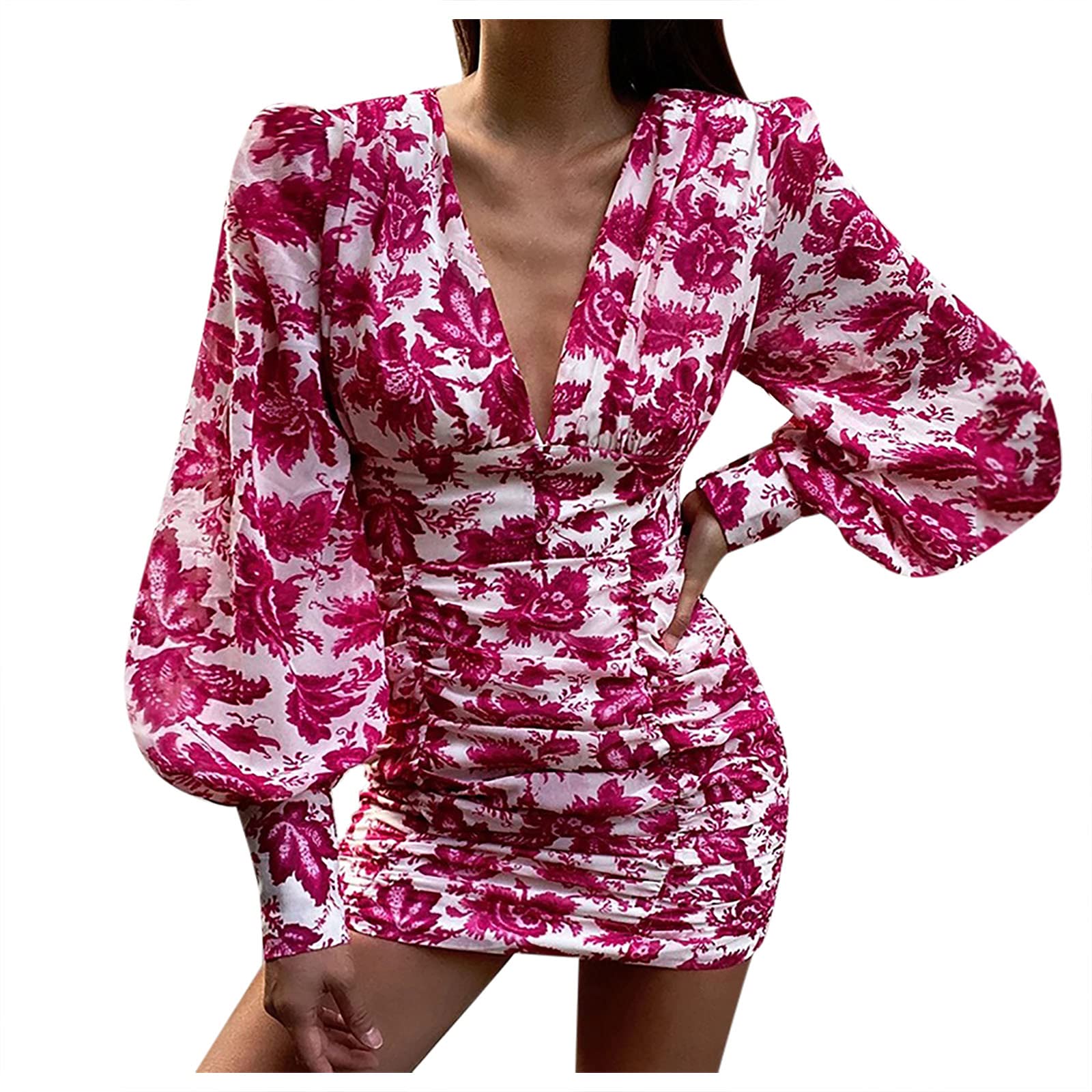 Women's High Waist V-Neck Printed Long Sleeve Mini Dress - Small Size Casual Fashion Hip Dress for Party, Dating & Daily Wear