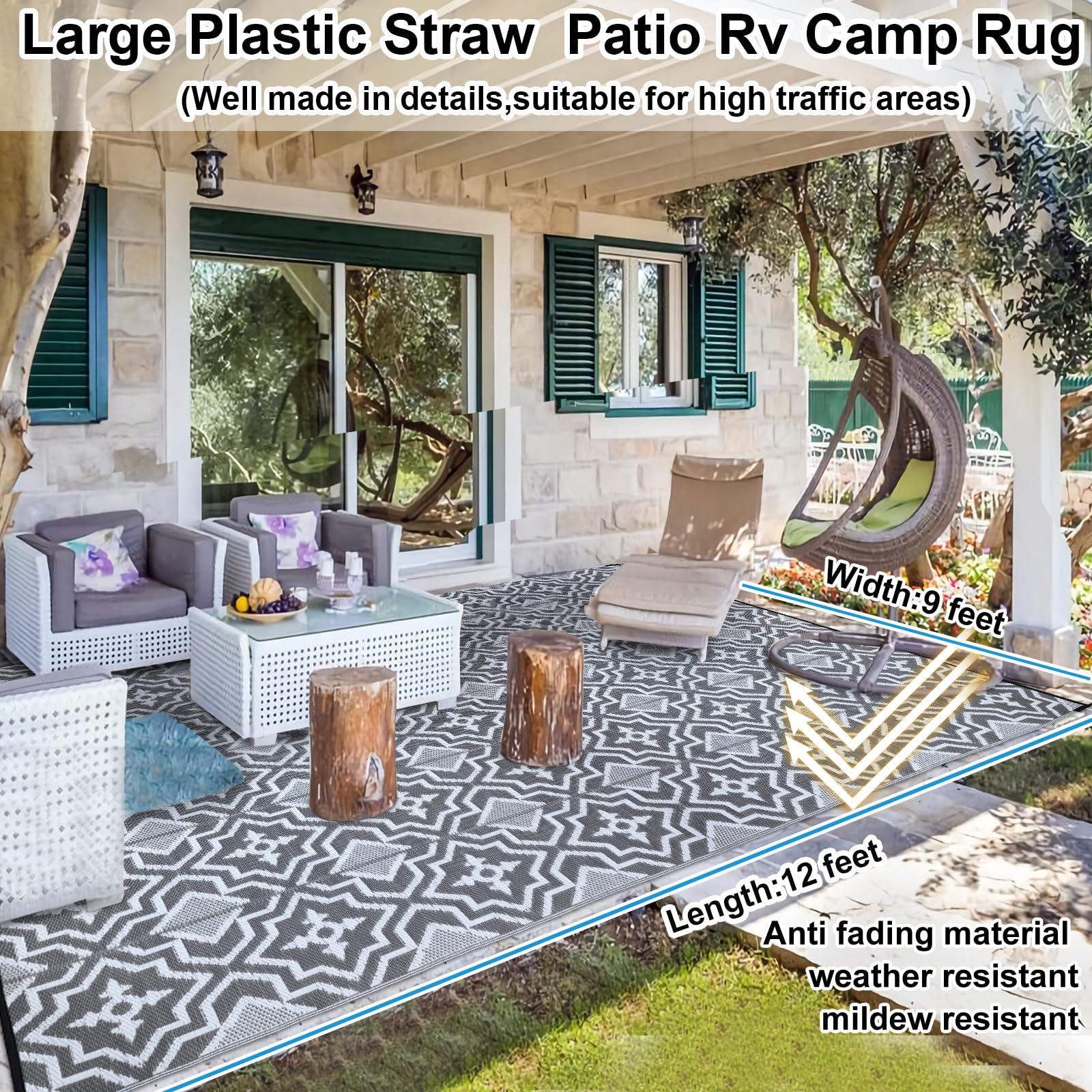 9x12 Waterproof Outdoor Rug - Recyclable Plastic Straw Woven Patio Mat for Camping, RV, Yard & Deck - Grey Indoor/Outdoor Rug for All Weather Use