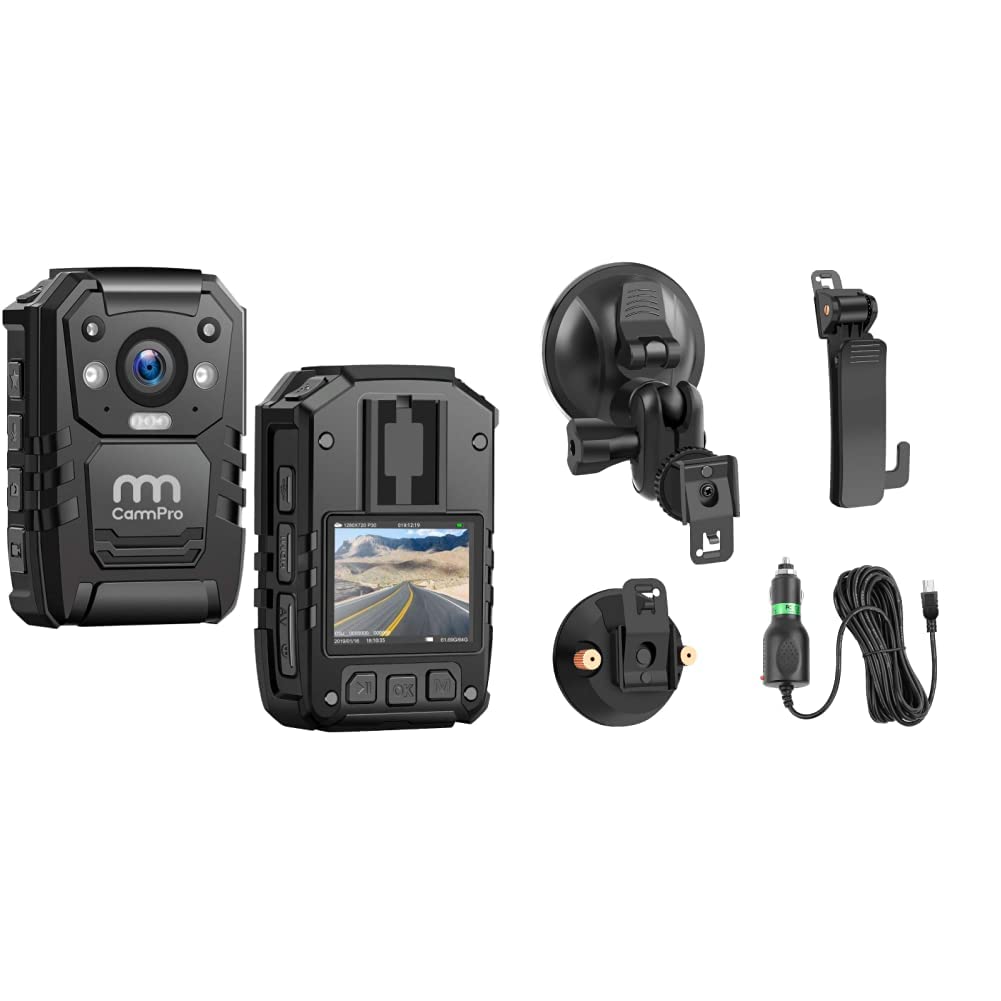 CammPro I826 Pro 1440P HD Police Body Camera with 128GB Memory, Waterproof Wearable Body Camera with Audio Recording, Night Vision & GPS - Law Enforcement Security Camera for Patrol, Evidence Collection & Surveillance | Includes Accessories Bundle (Screw Clip, Car Charger, Suction Cup Mount, Shoulder Clip)