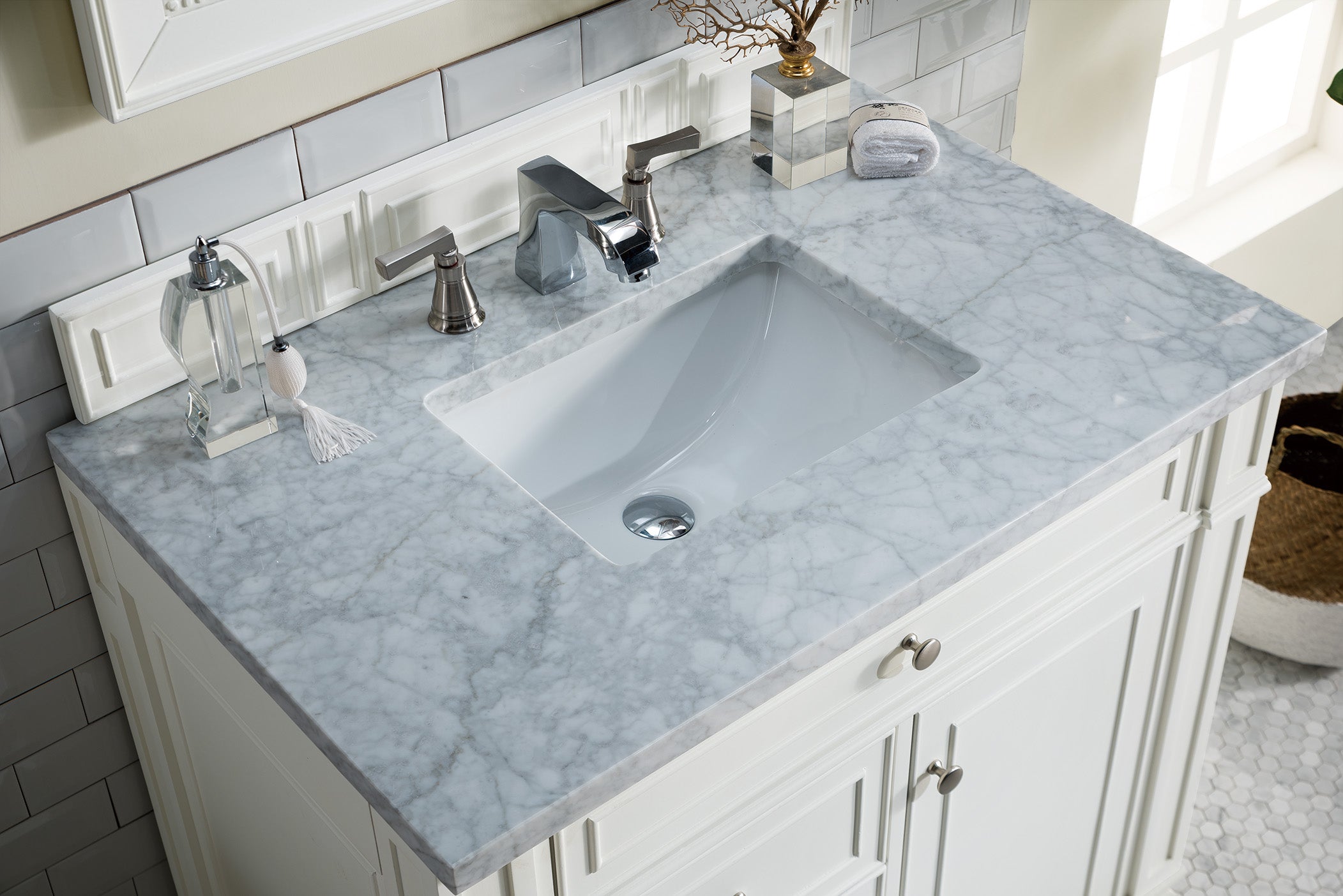 Bristol 36 Inch Single Bathroom Vanity Set with 3CM Carrara Marble Top in Bright White - Perfect for Modern Master Bathrooms & Powder Rooms
