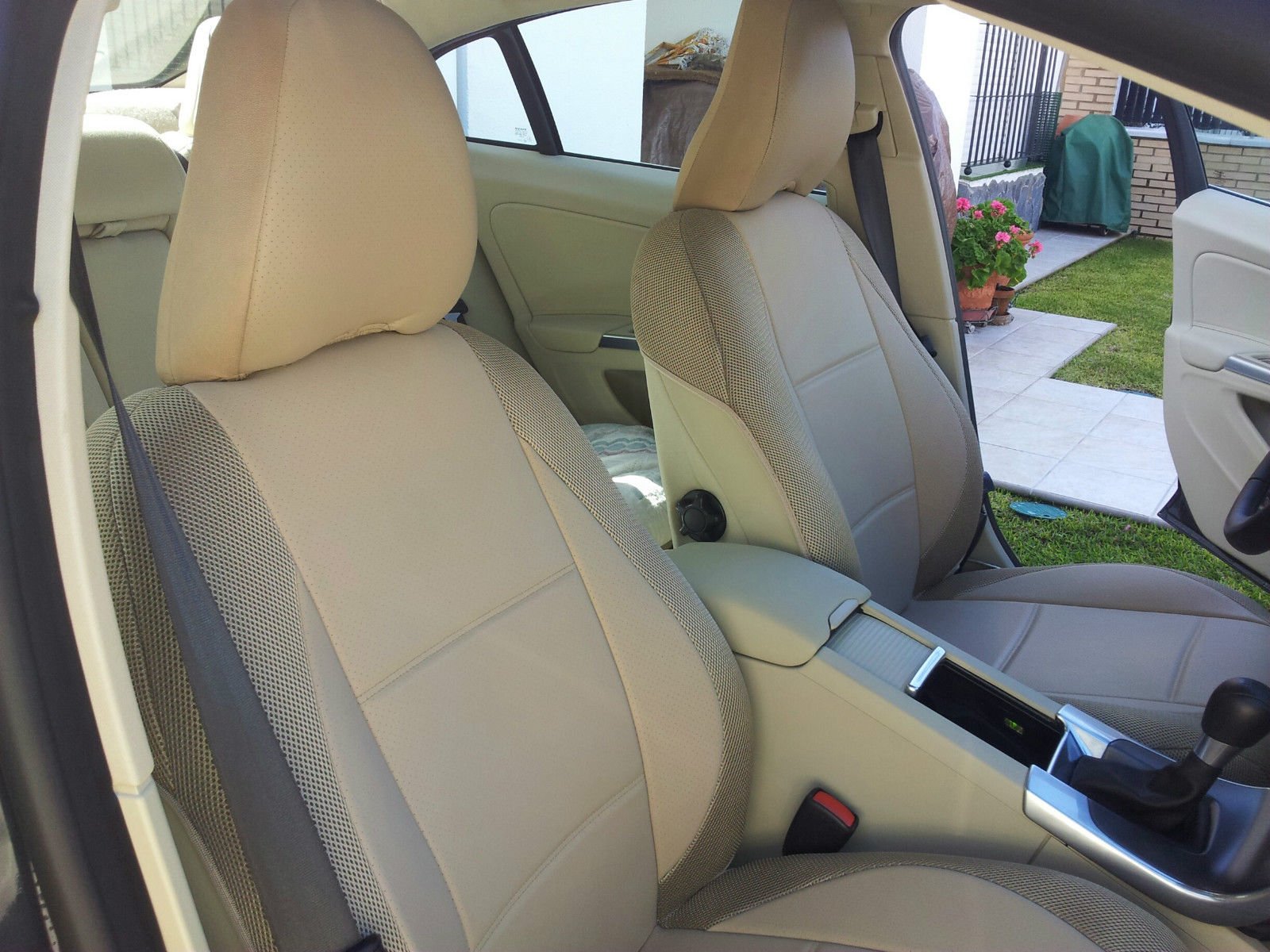 Premium Custom Fit Front Car Seat Covers for Volvo S60 2015-2023 - Genuine Leatherette Center & Durable Synthetic Sides in Tan | Luxury Protection & Comfort for Daily Commute & Road Trips