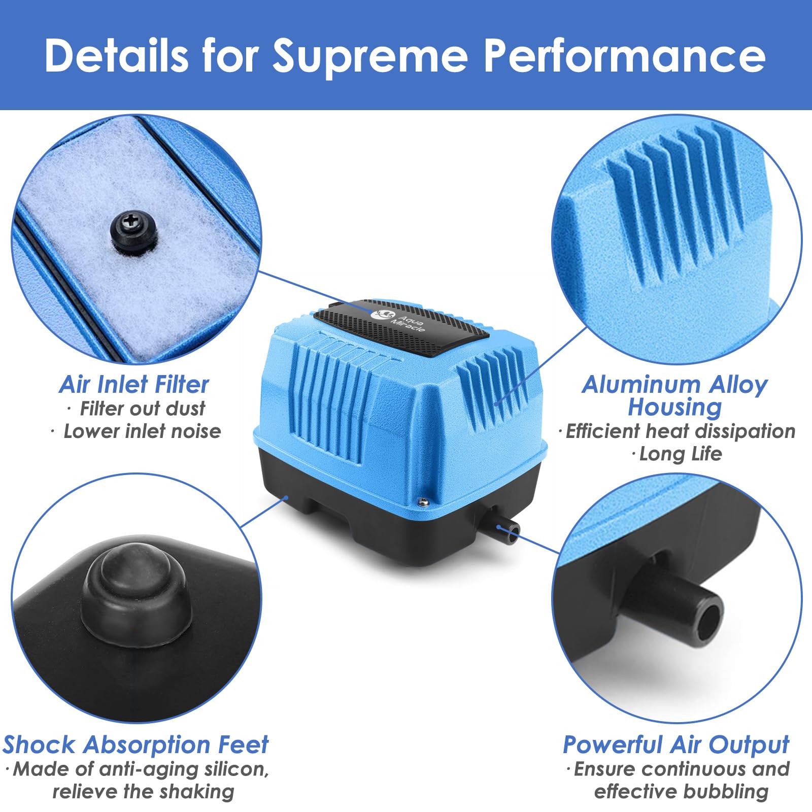 AquaMiracle High Performance Linear Air Pump AP-40/AP-60/AP-80 - 635/950/1350GPH Pond Aerator for Koi Ponds, Hydroponics & Septic Systems | Ideal for Fish Farms, Wastewater Treatment & Commercial Aquariums