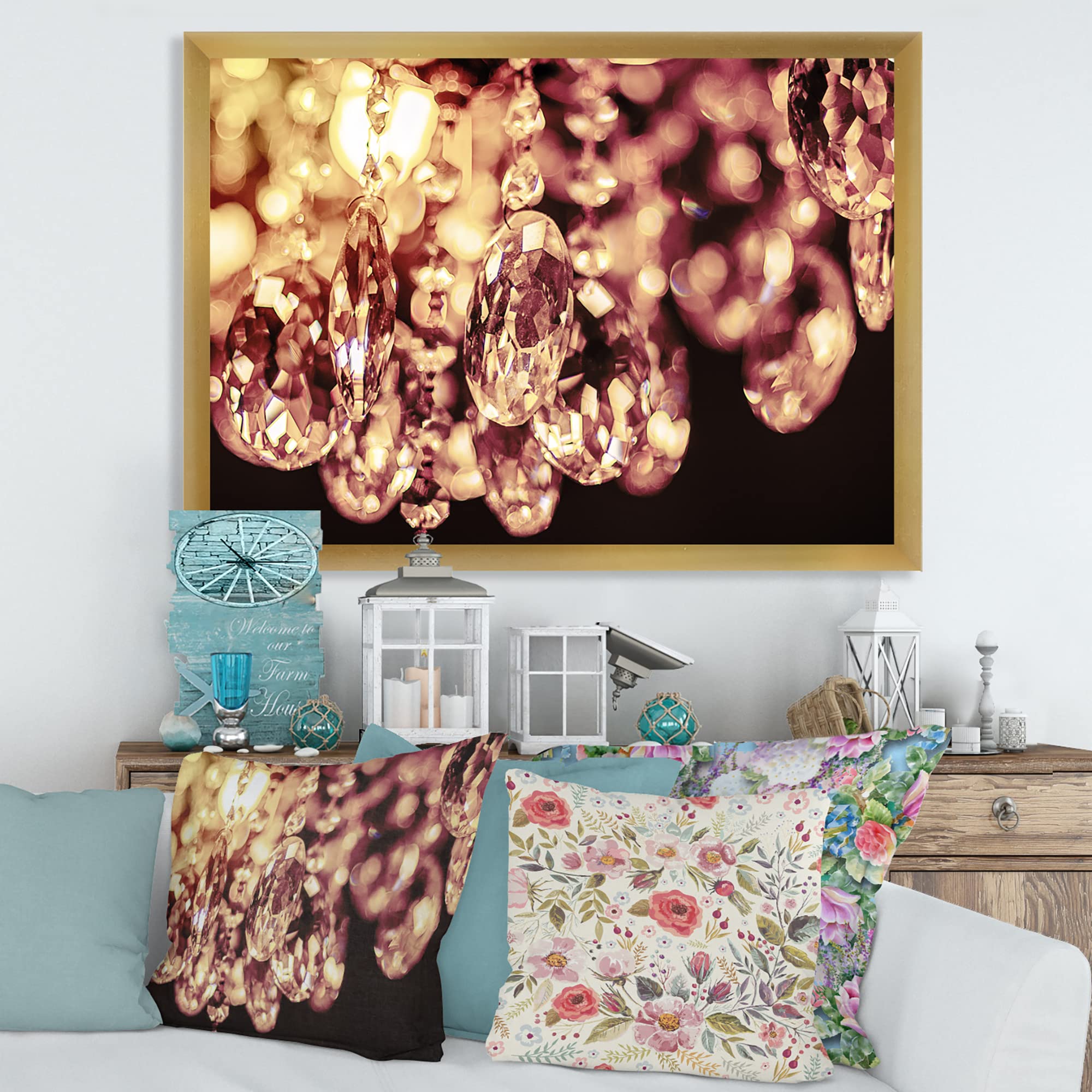 DesignQ Crystal Chandelier - Modern Hanging Bright Chandelier with Framed Wall Art for Living Room, Bedroom & Dining Room Decor
