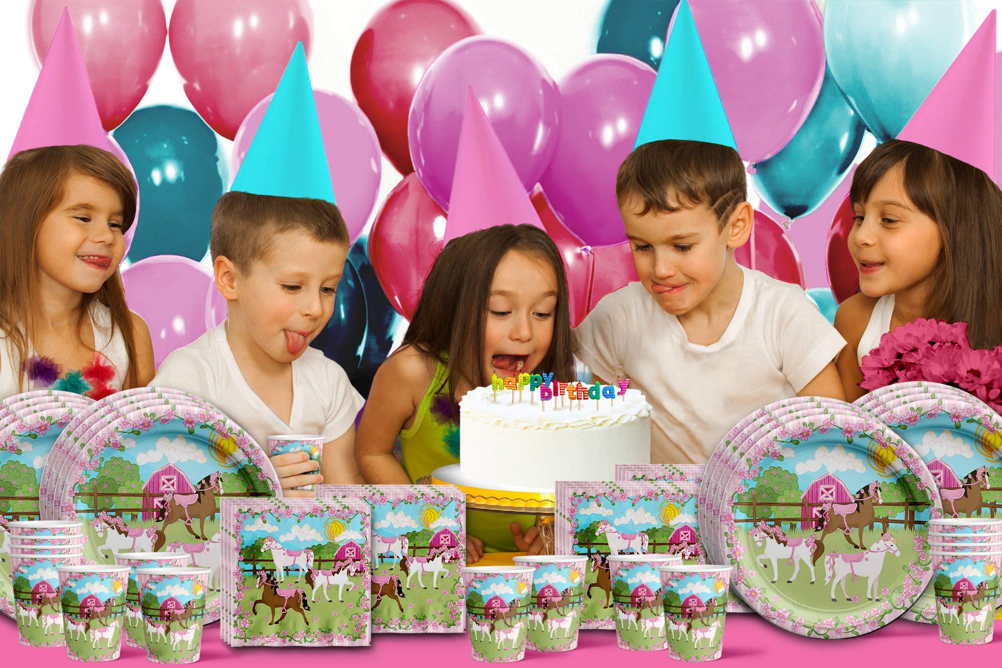 Pink Horse Birthday Party Supplies Set - 16-Piece Tableware Kit with Plates, Napkins & Cups for Kids' Themed Party Decorations