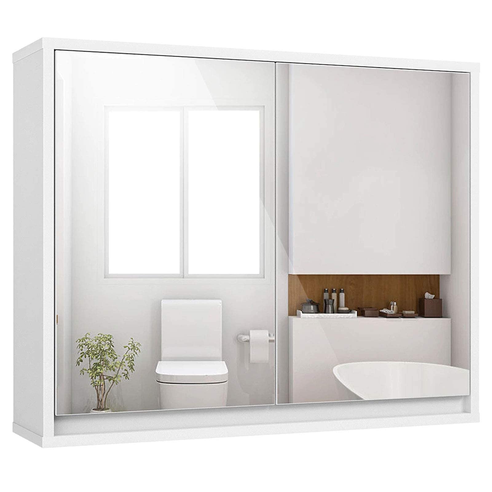 White Wall-Mounted Double Door Mirror Bathroom Cabinet with 2 Shelves - Space Saving Storage Solution for Small Bathrooms & Vanities